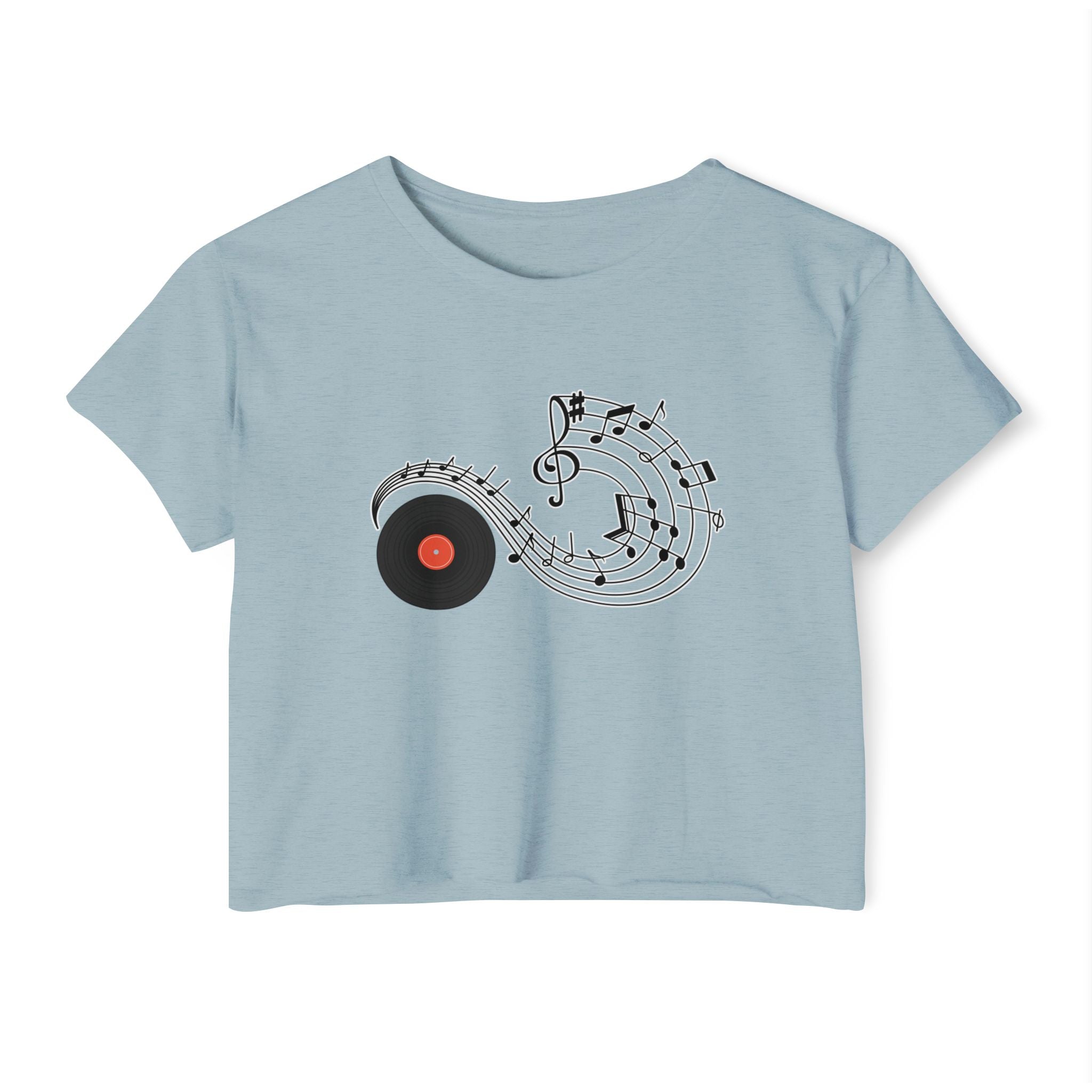 Stonewash denim light blue t-shirt with vinyl and music-themed design on a white background