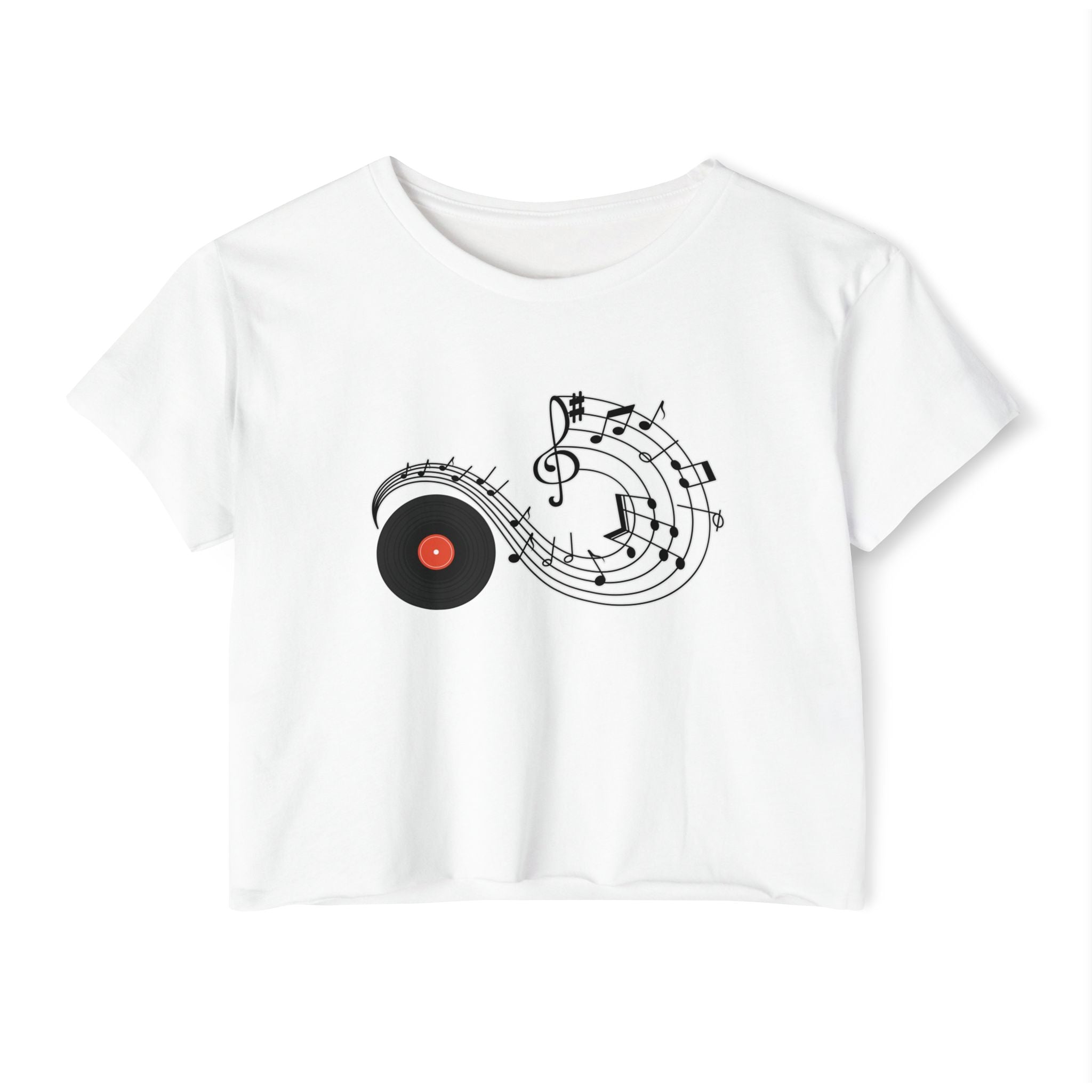 White t-shirt with vinyl and music-themed design on a white background