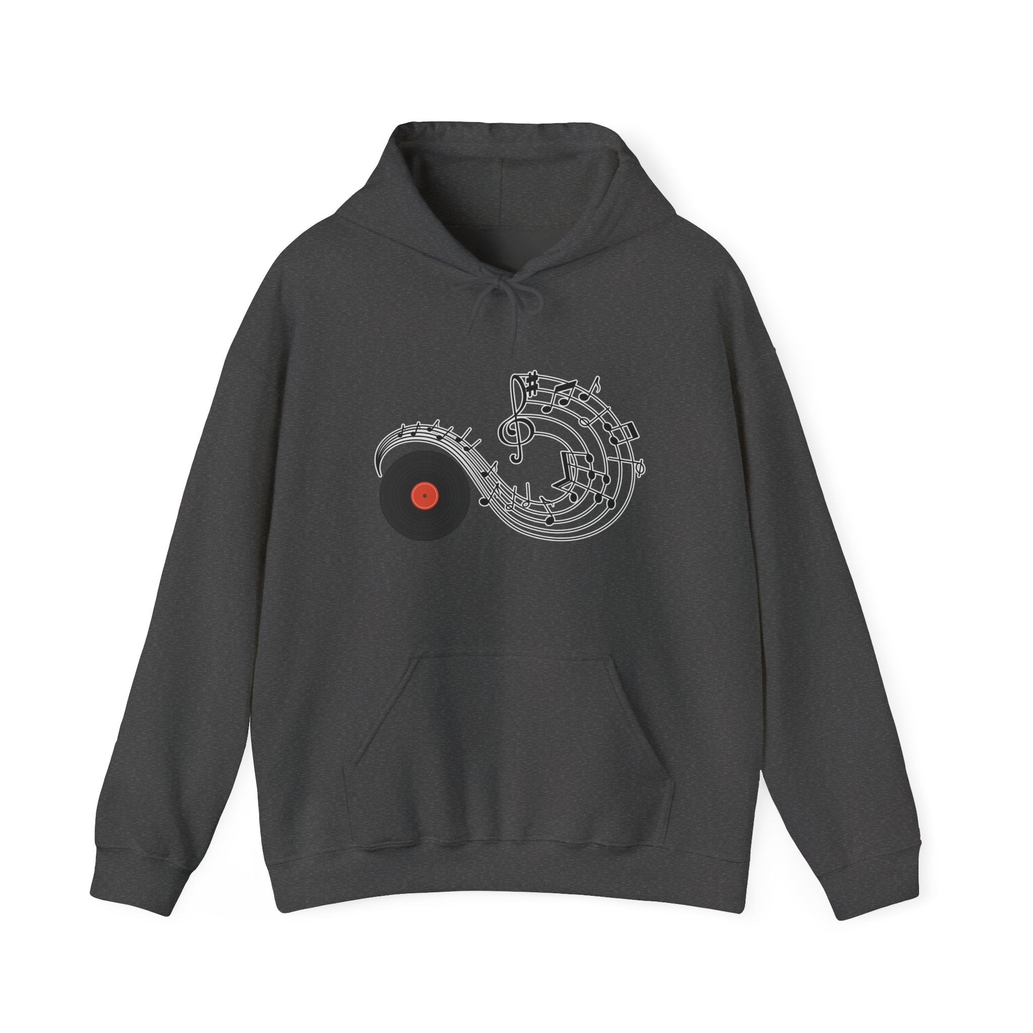 Gray hoodie with music-themed design on a white background