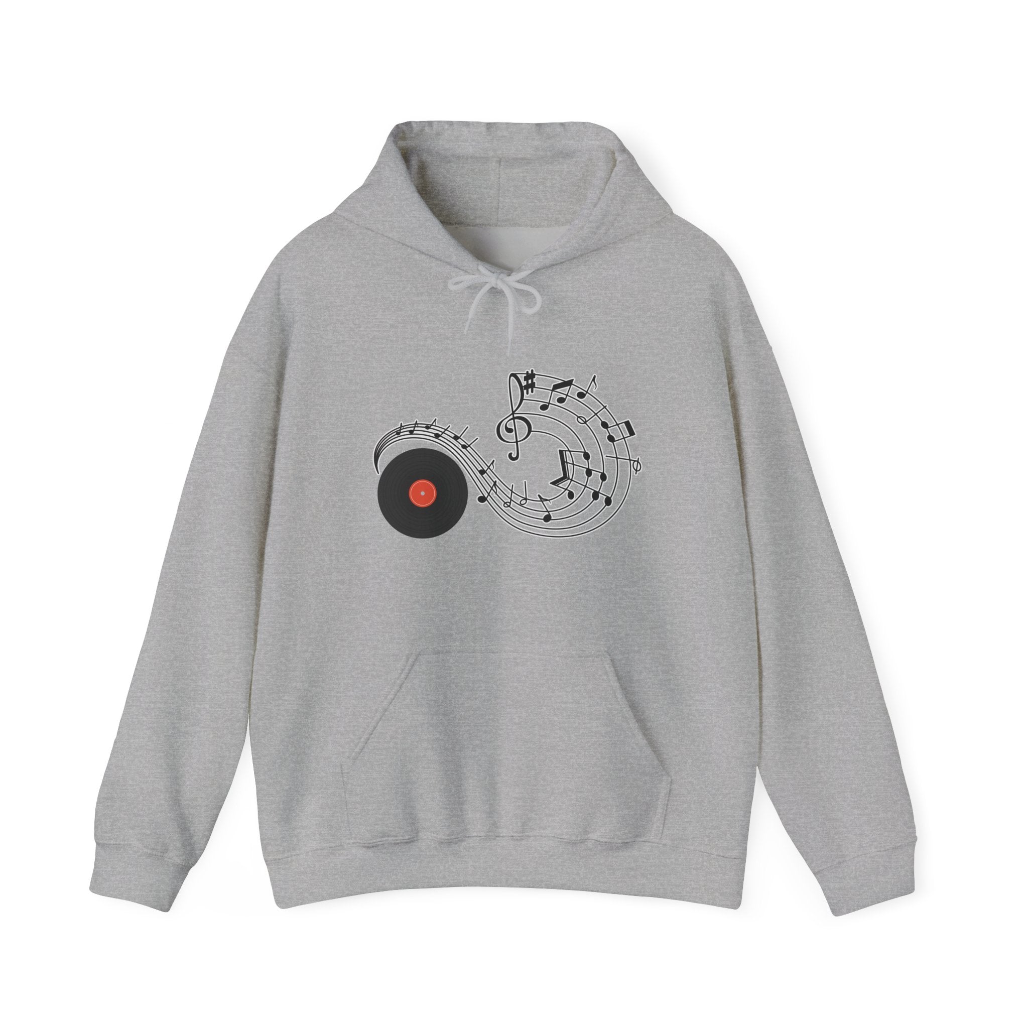 Gray hoodie with music-themed design on a white background