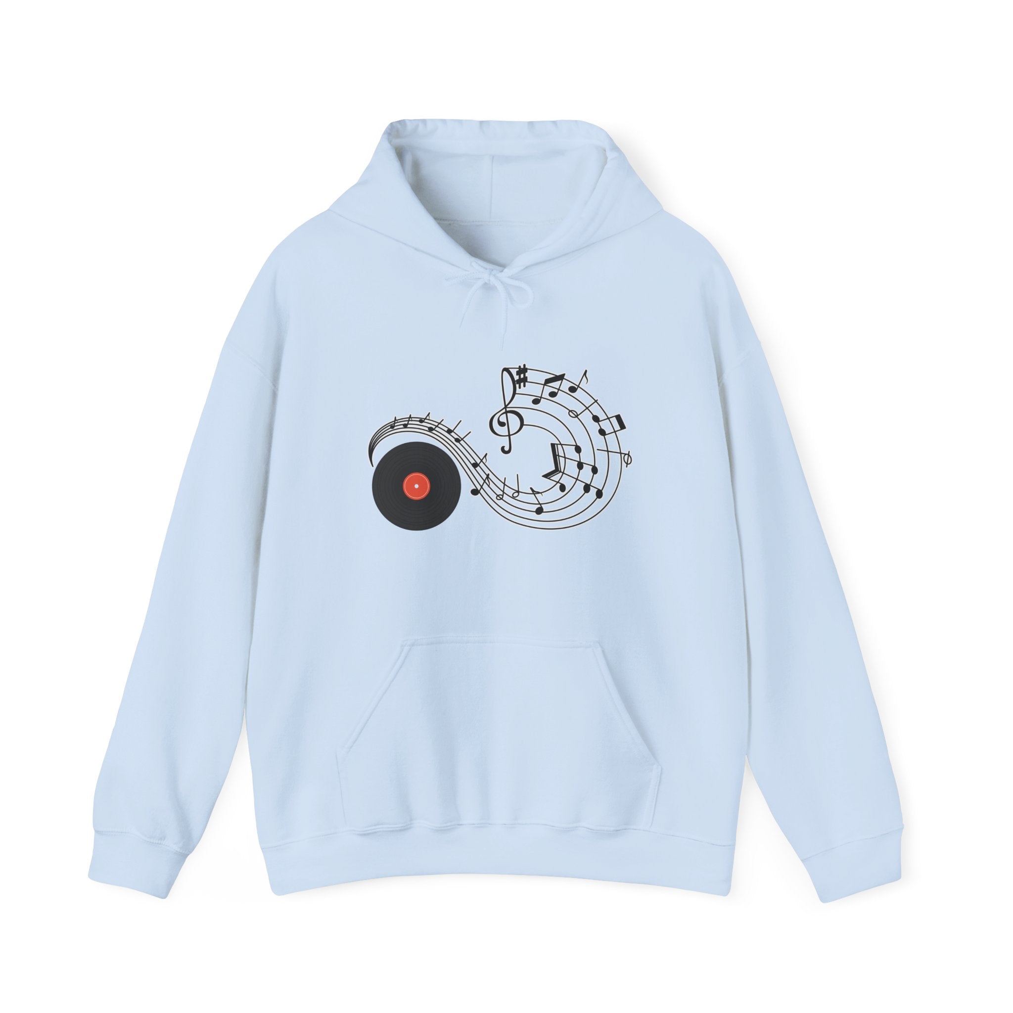 Light blue hoodie with music-themed design on a white background