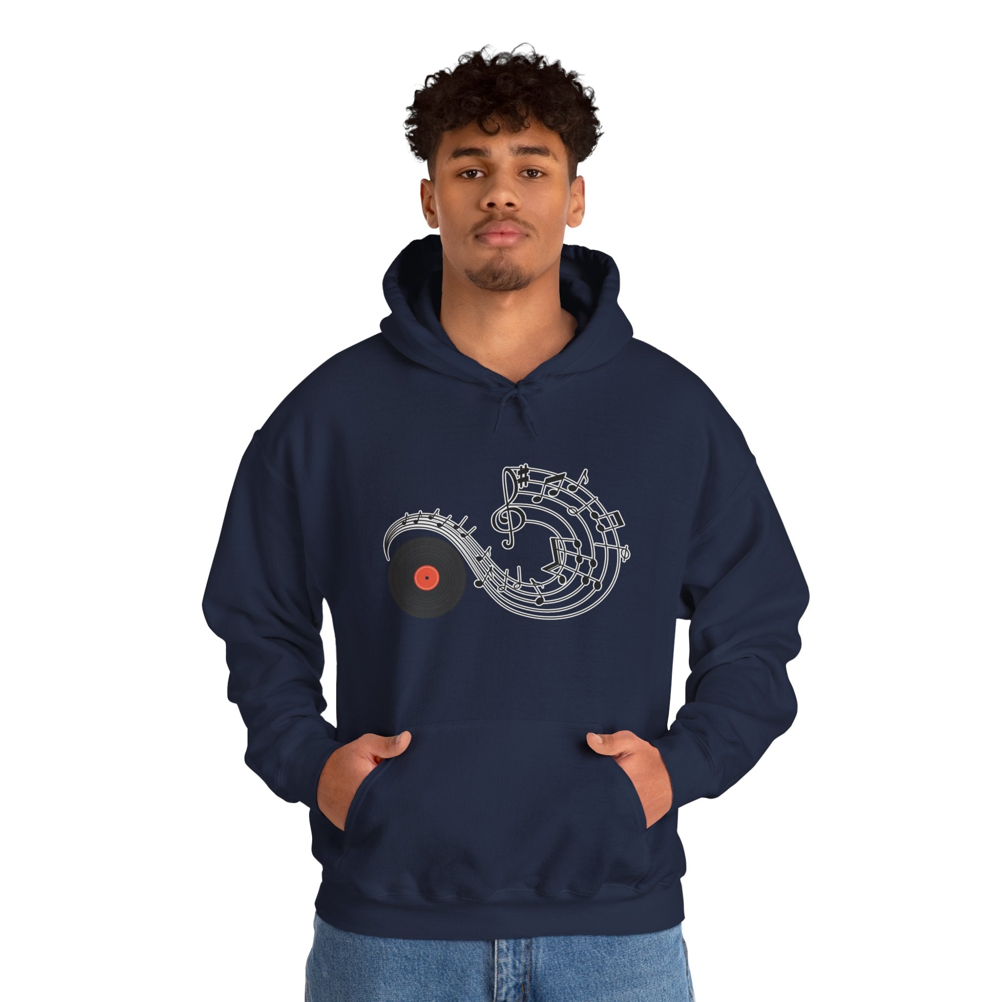 Person wearing a navy blue hoodie with a unique design on a white background