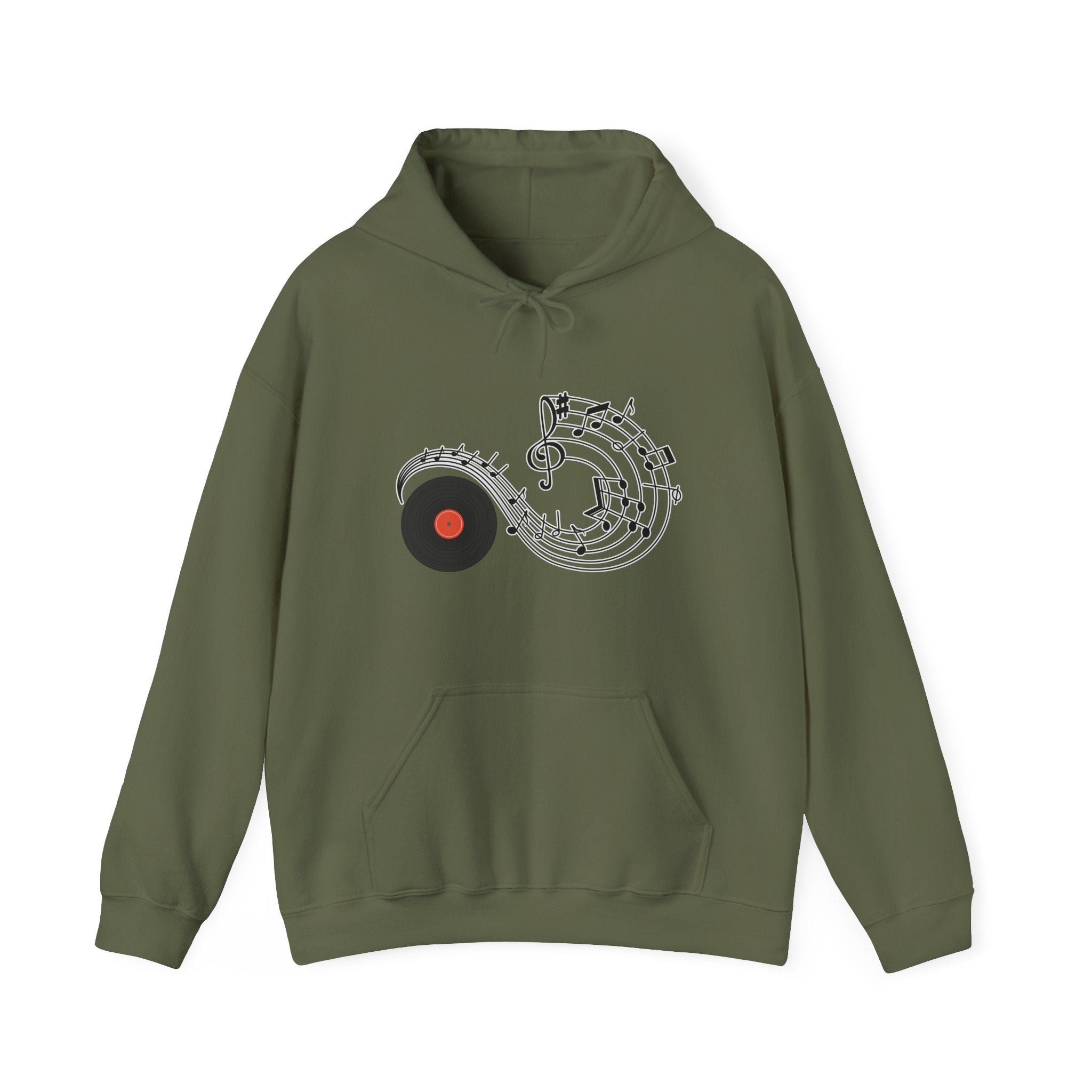 Military green hoodie with music-themed design on a white background