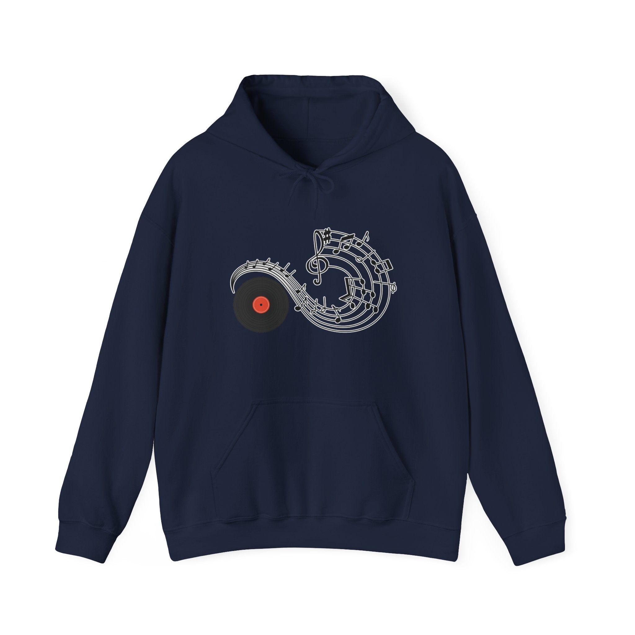 Navy blue hoodie with a graphic design on a white background