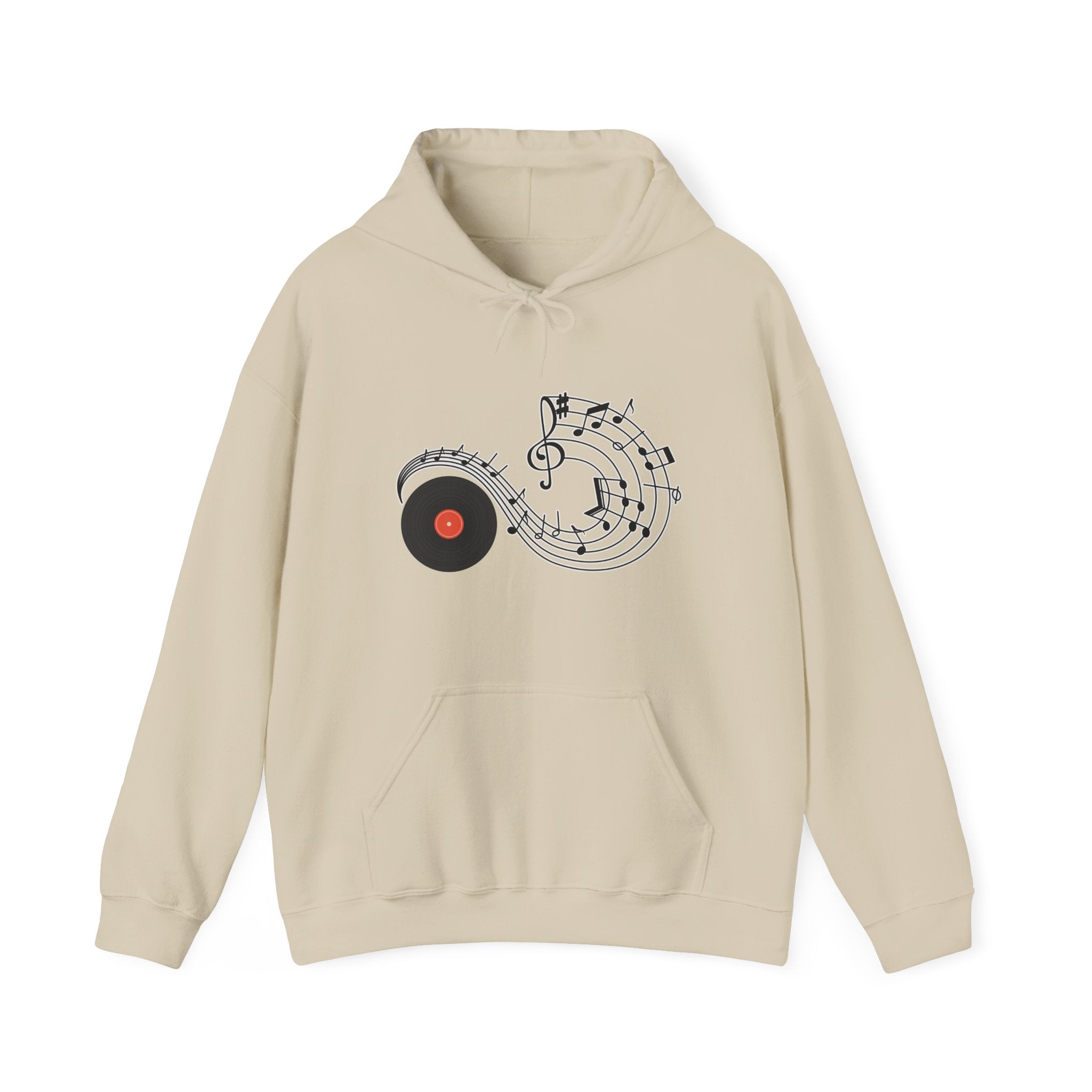 Beige hoodie with music-themed design on a white background