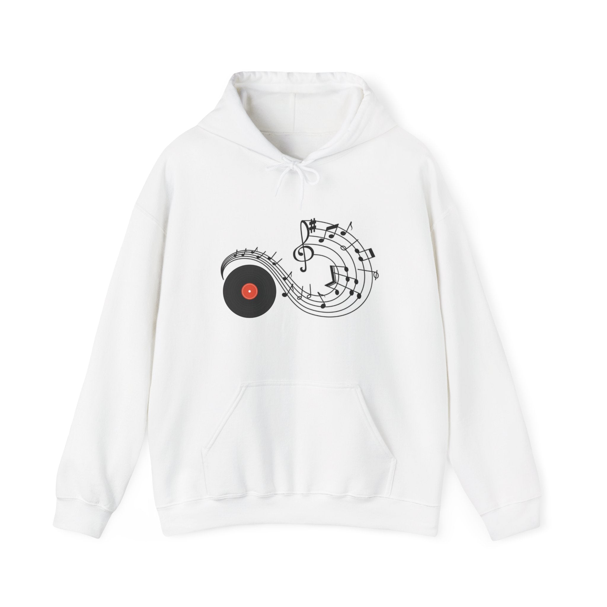 White hoodie with music-themed design on a white background