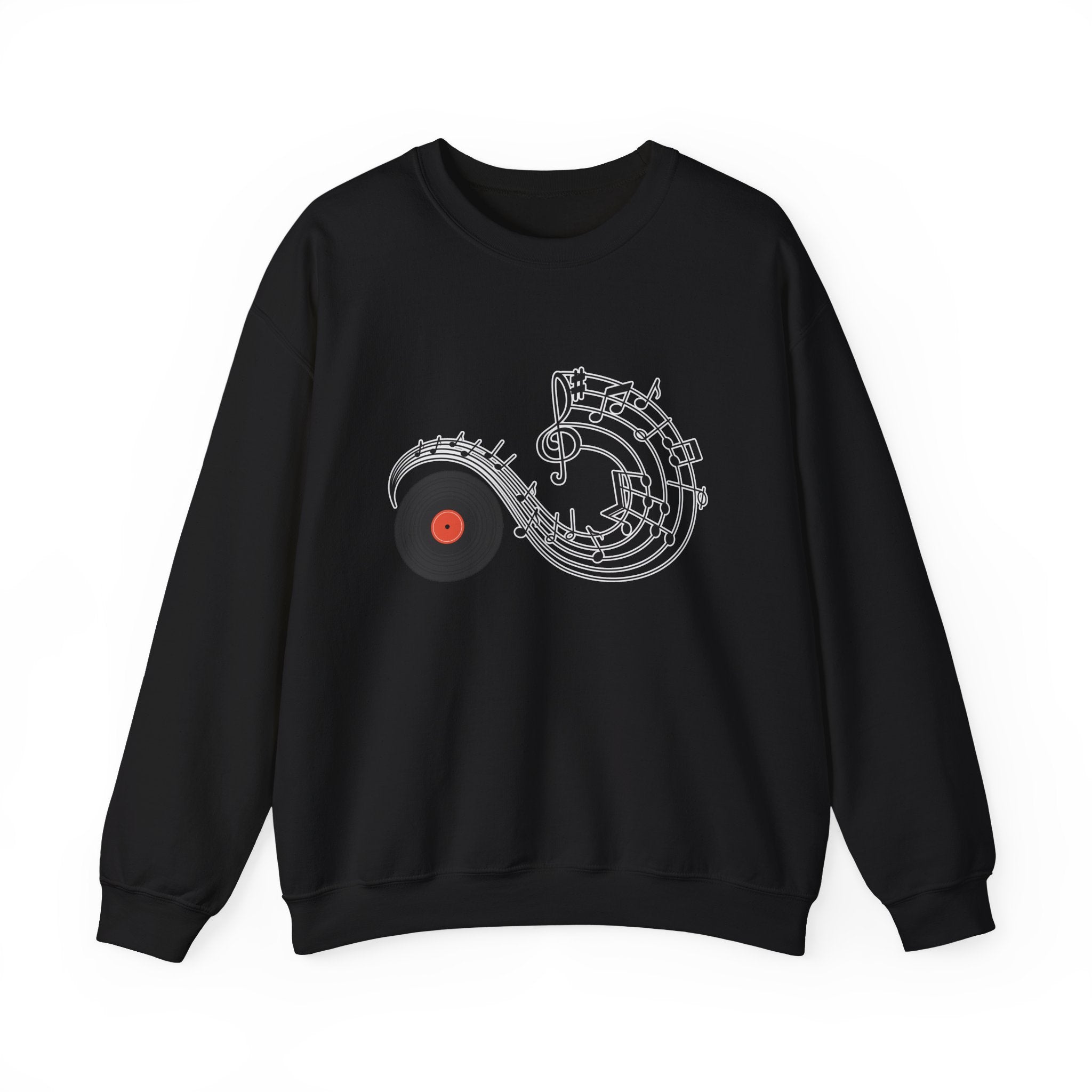 Black sweatshirt with a music-themed design on a white background
