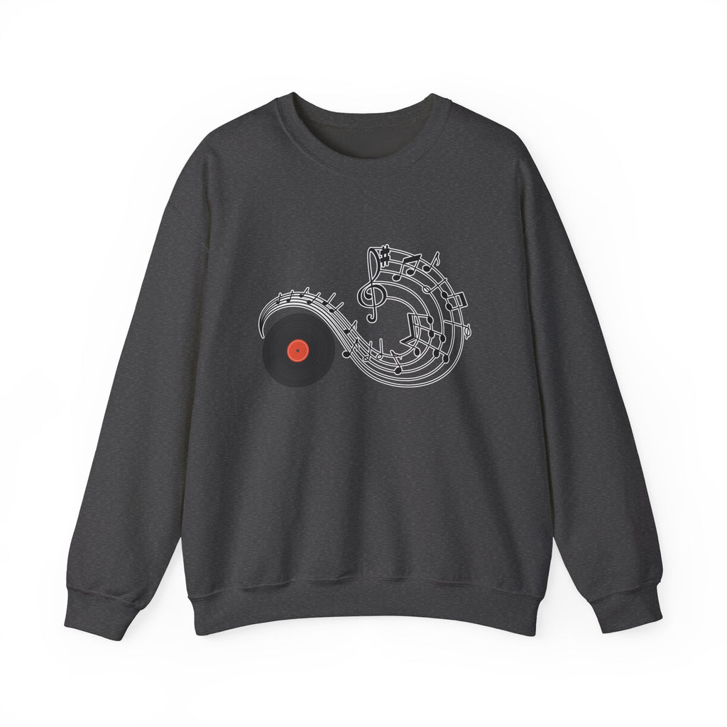 Dark heather sweatshirt with music-themed design on a white background
