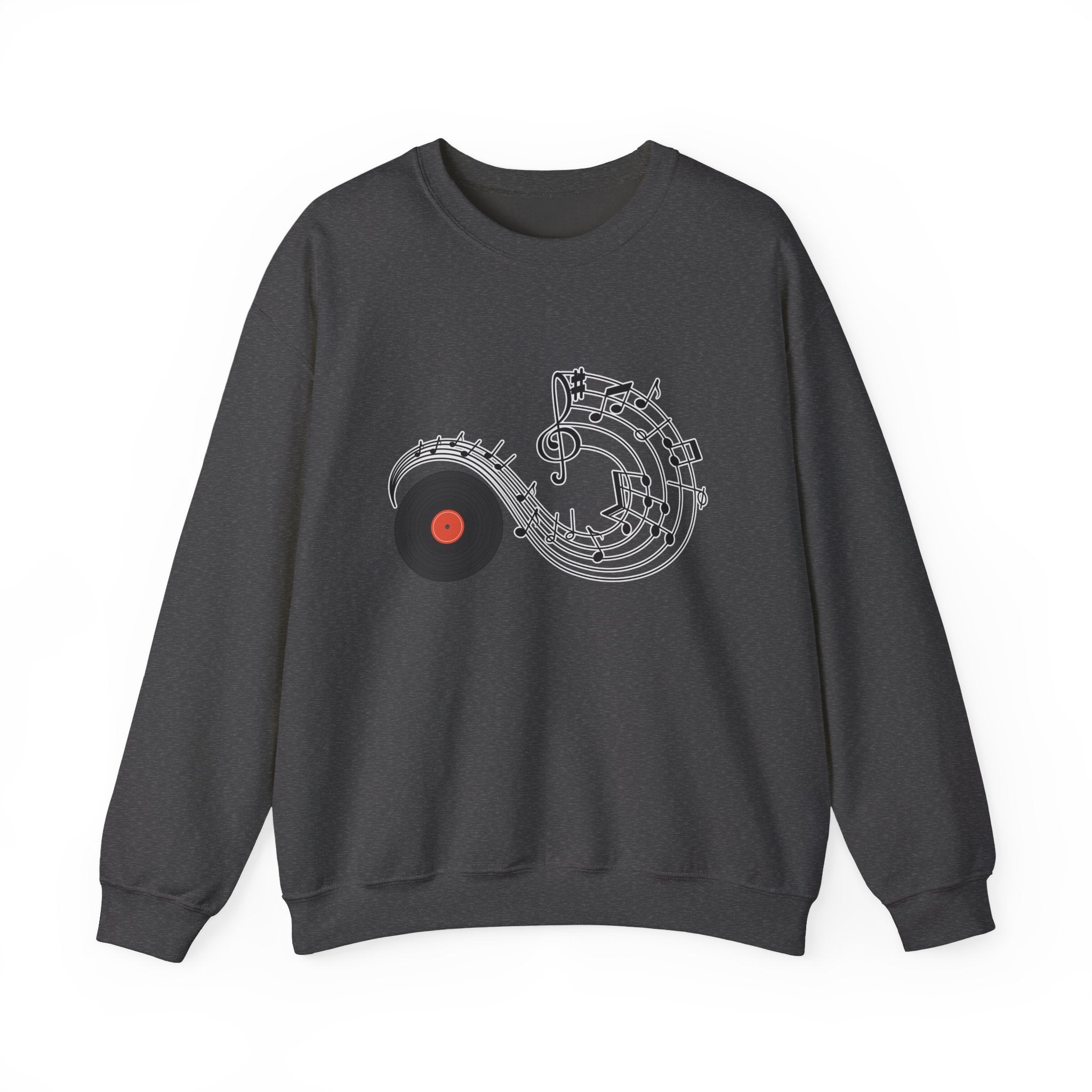 Dark heather sweatshirt with music-themed design on a white background