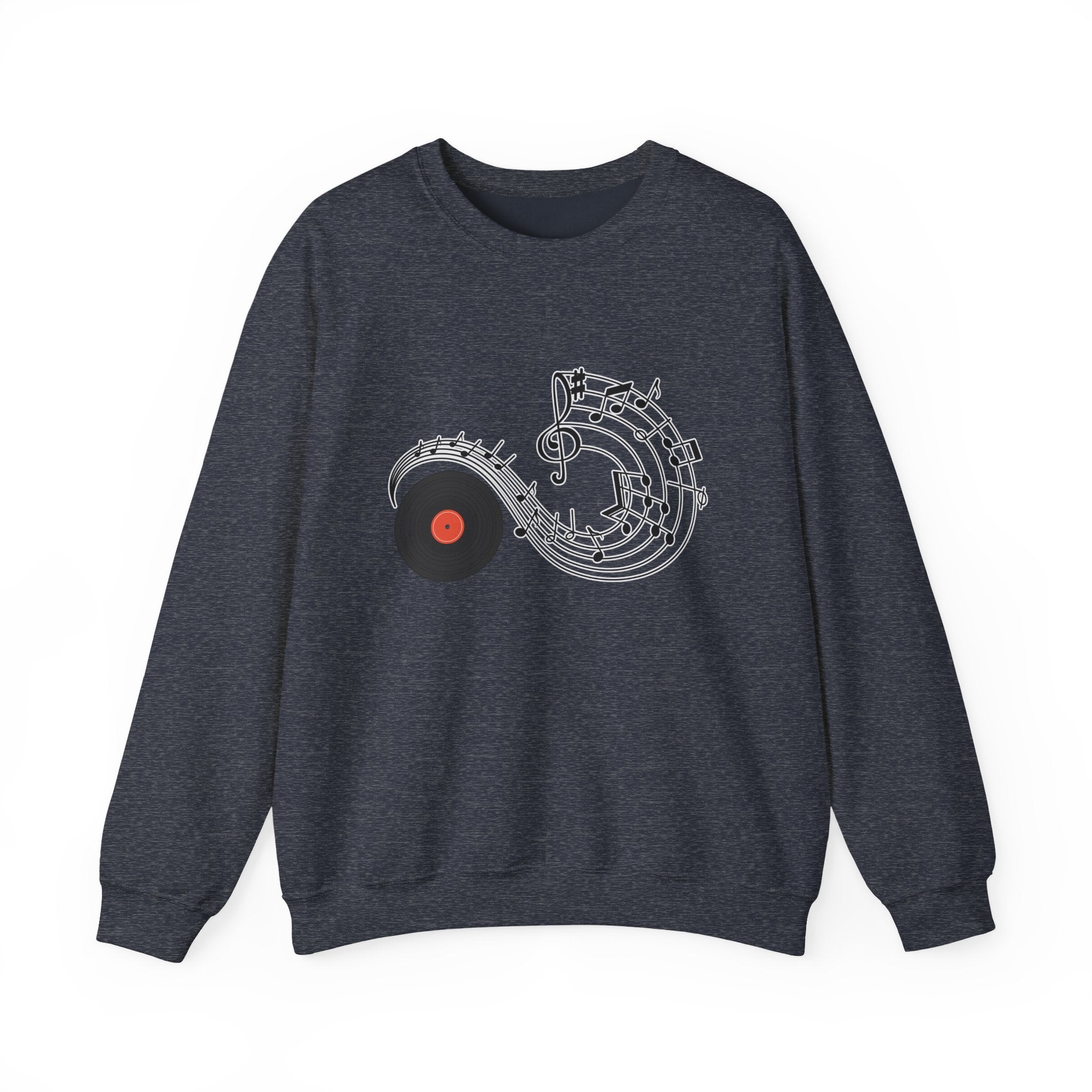 Heather sport dark navy gray sweatshirt with a music-themed design on a white background