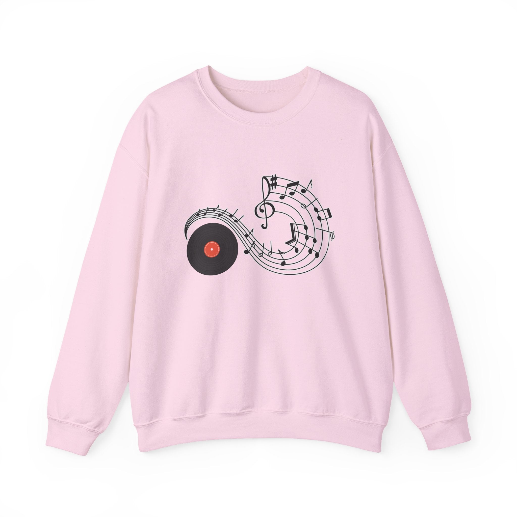 Light pink sweatshirt with music-themed design on a white background