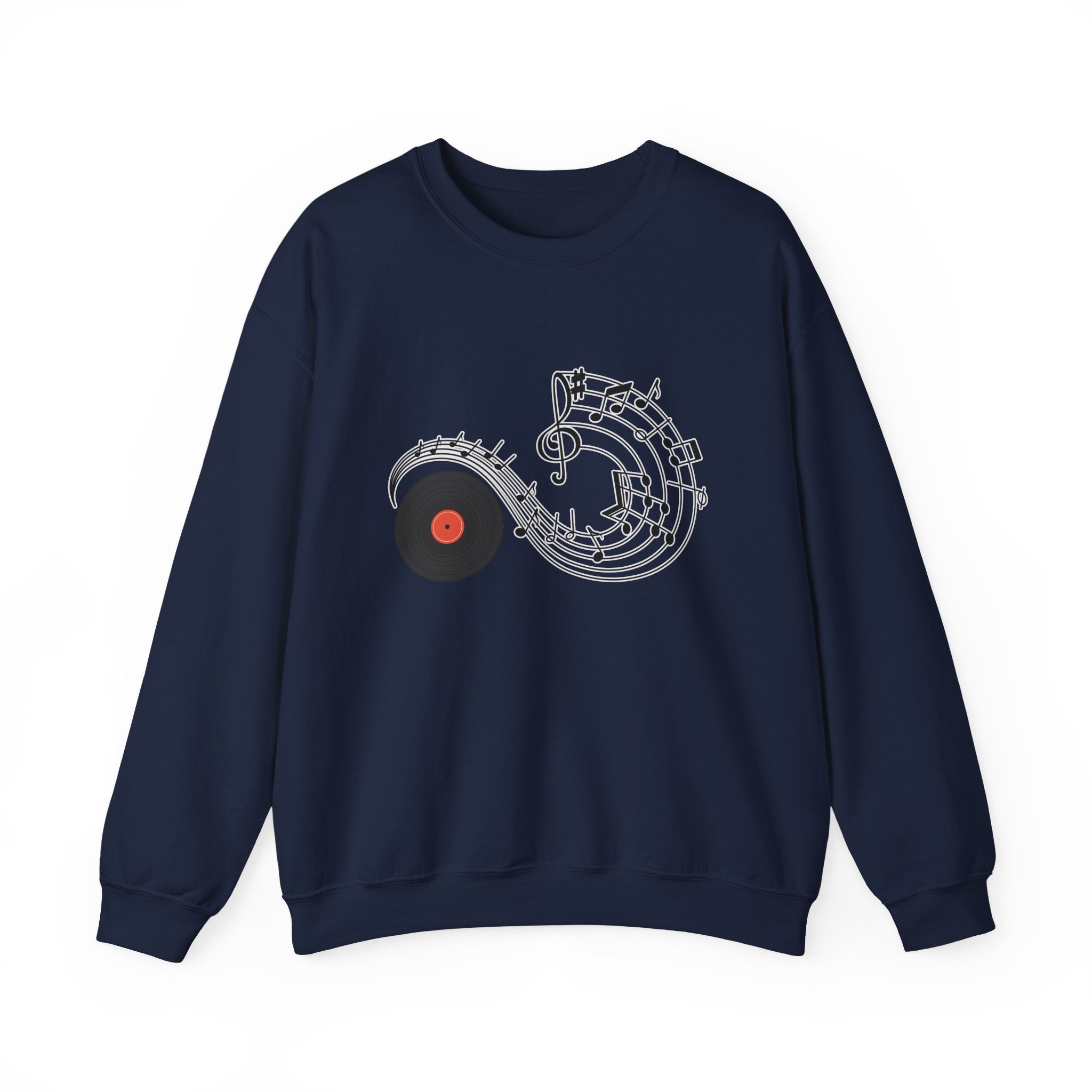 Navy blue sweatshirt with music-themed design on a white background