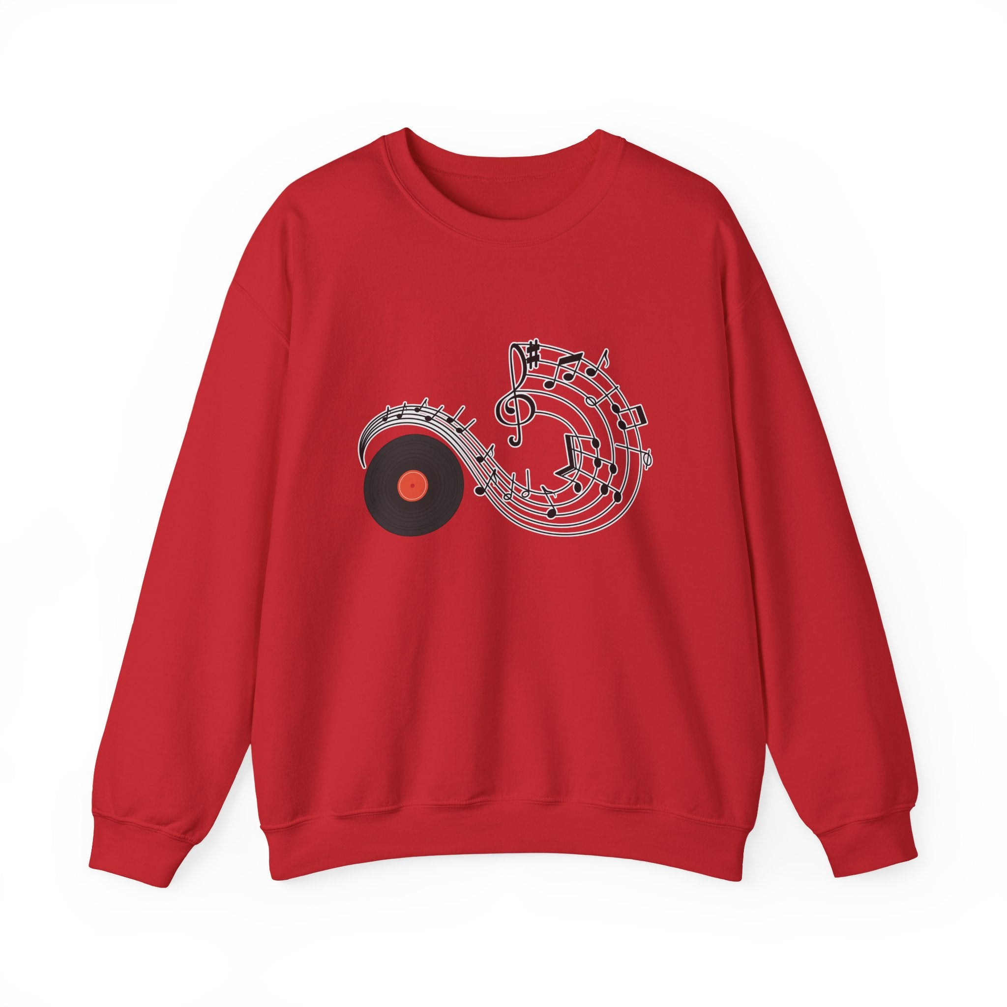 Red sweatshirt with music-themed design on a white background