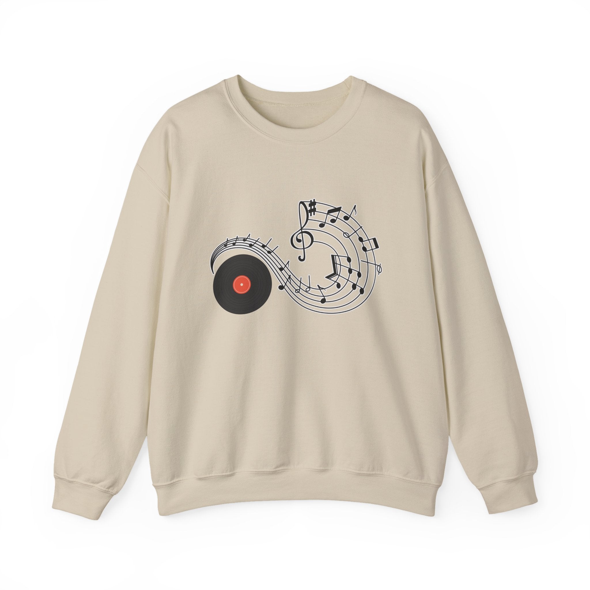 Beige sweatshirt with music-themed design on a white background