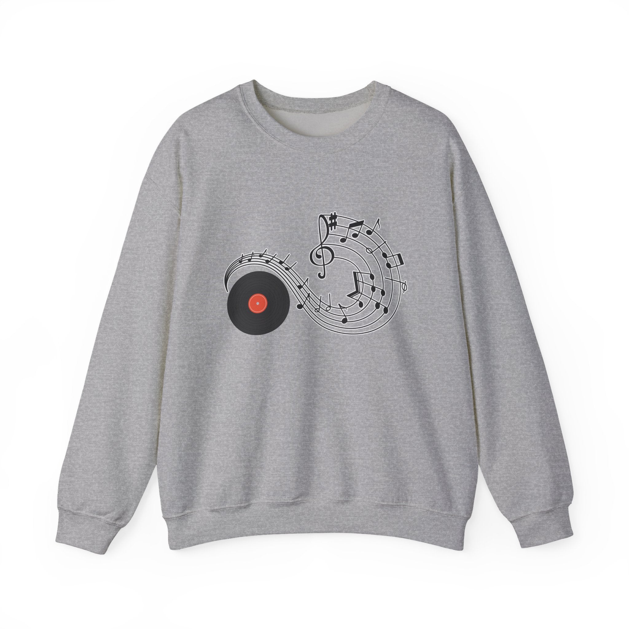 Gray sweatshirt with music-themed design on a white background
