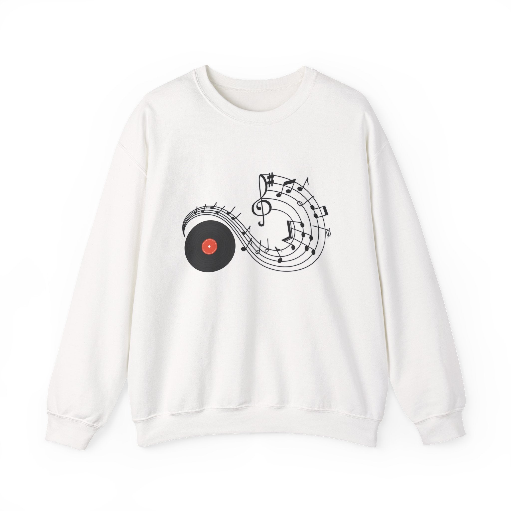 White sweatshirt with music-themed design on a white background
