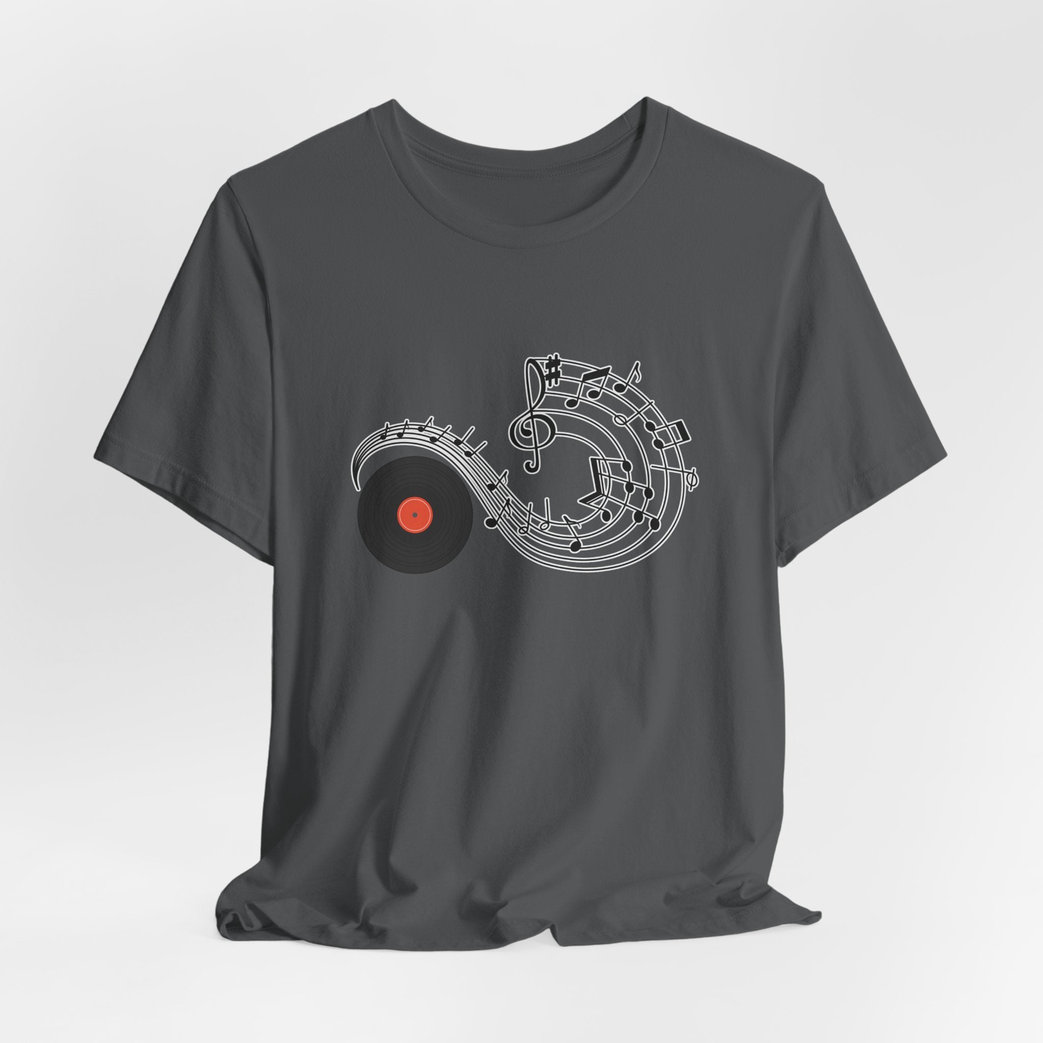 Asphalt gray t-shirt with a music-themed design on a light gray background