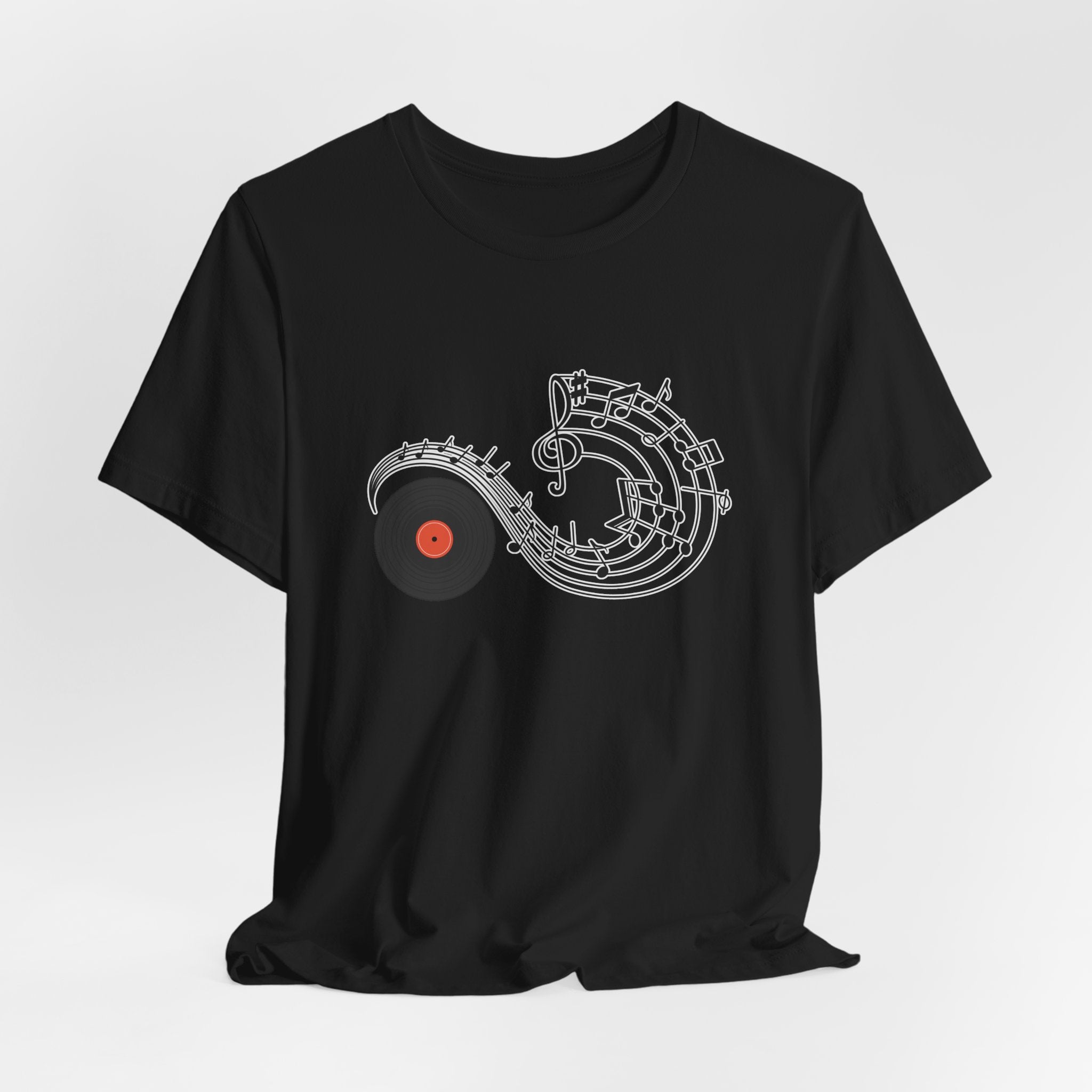 Black t-shirt with a unique design on a white background