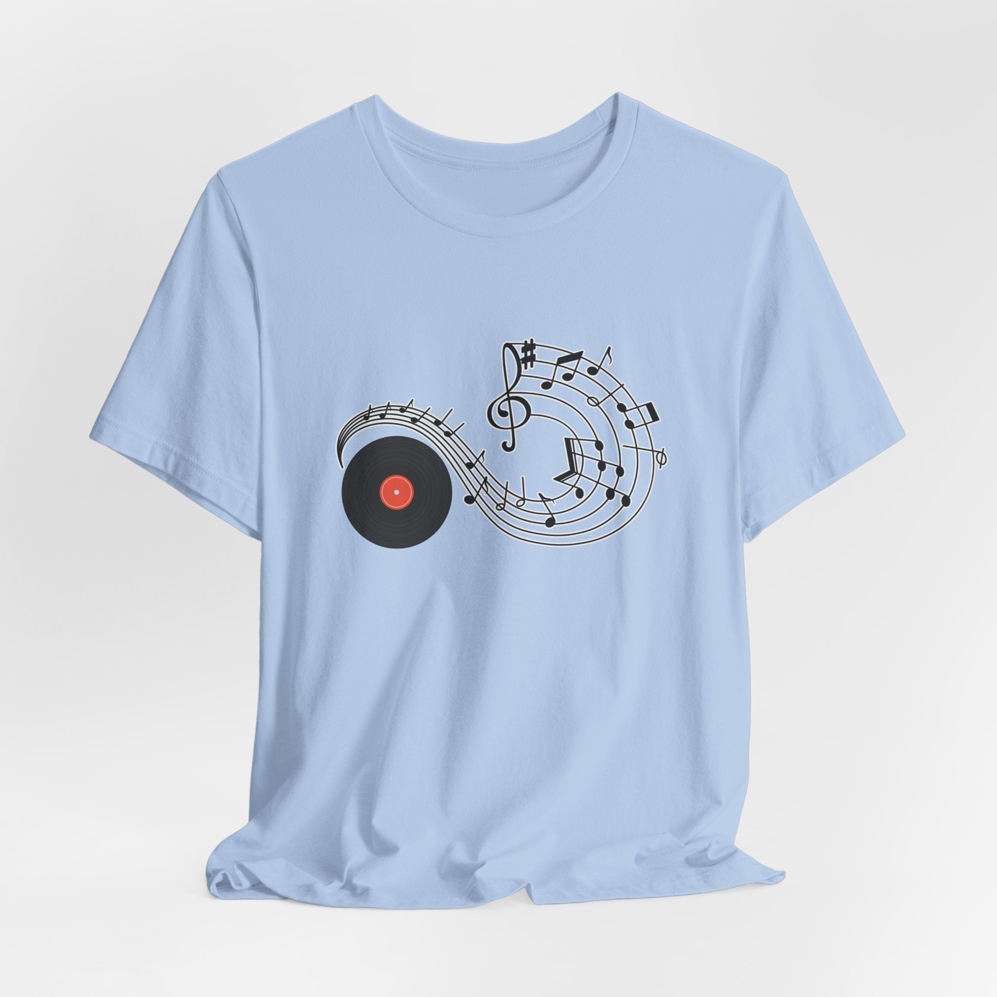Light blue t-shirt with music-themed design on a light gray background