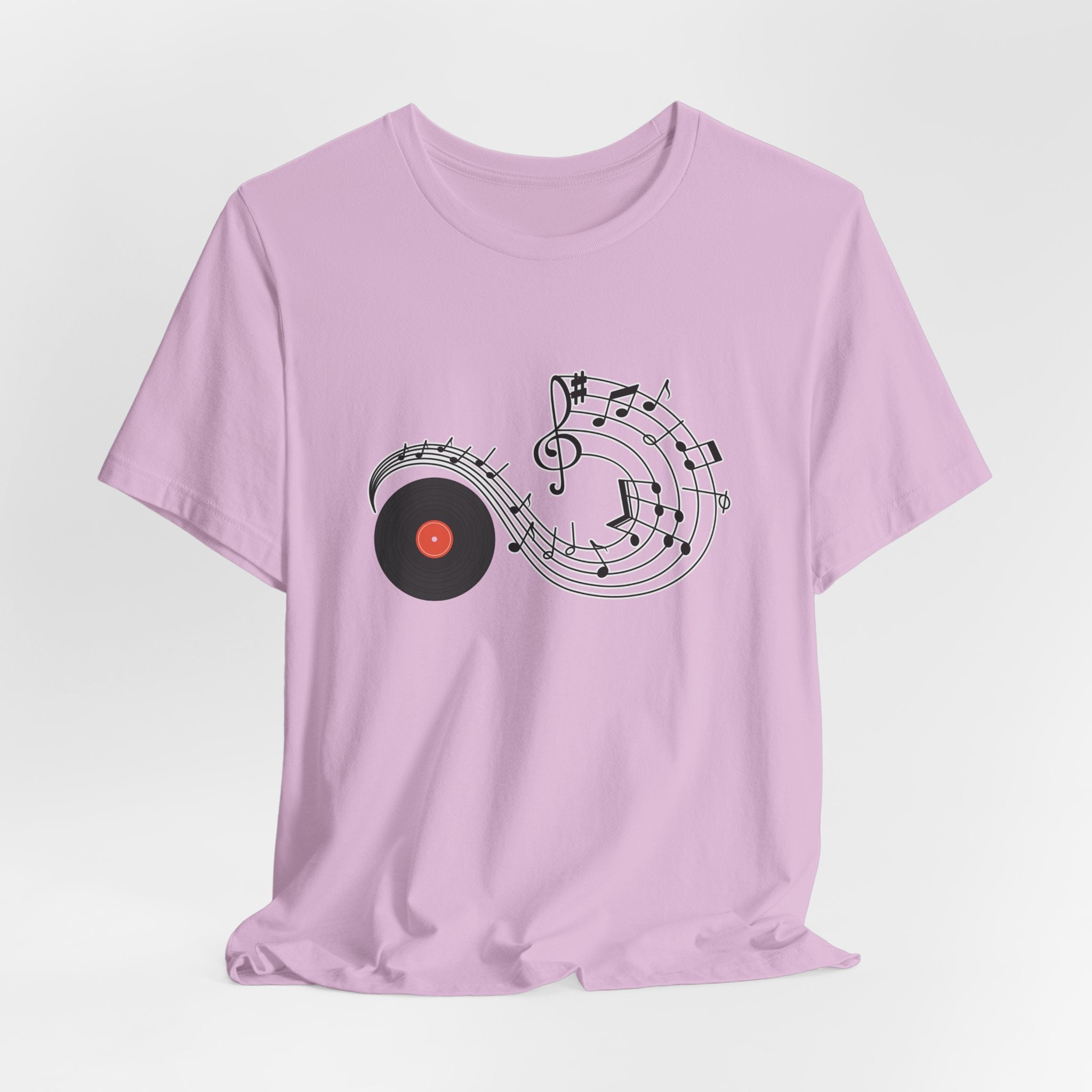 Lilac pink t-shirt with a music-themed design on a white background