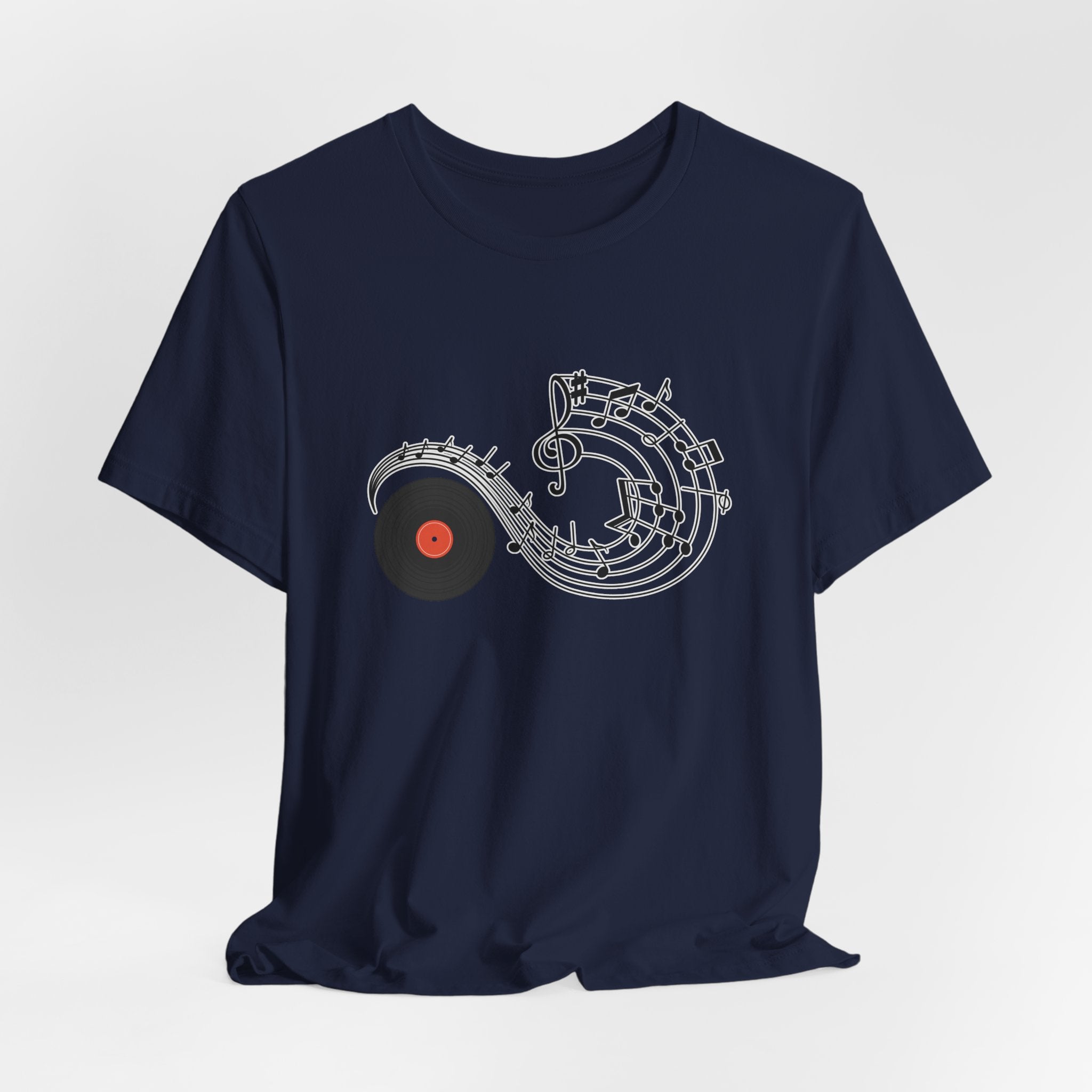 Navy blue t-shirt with a music-themed graphic on a light gray background
