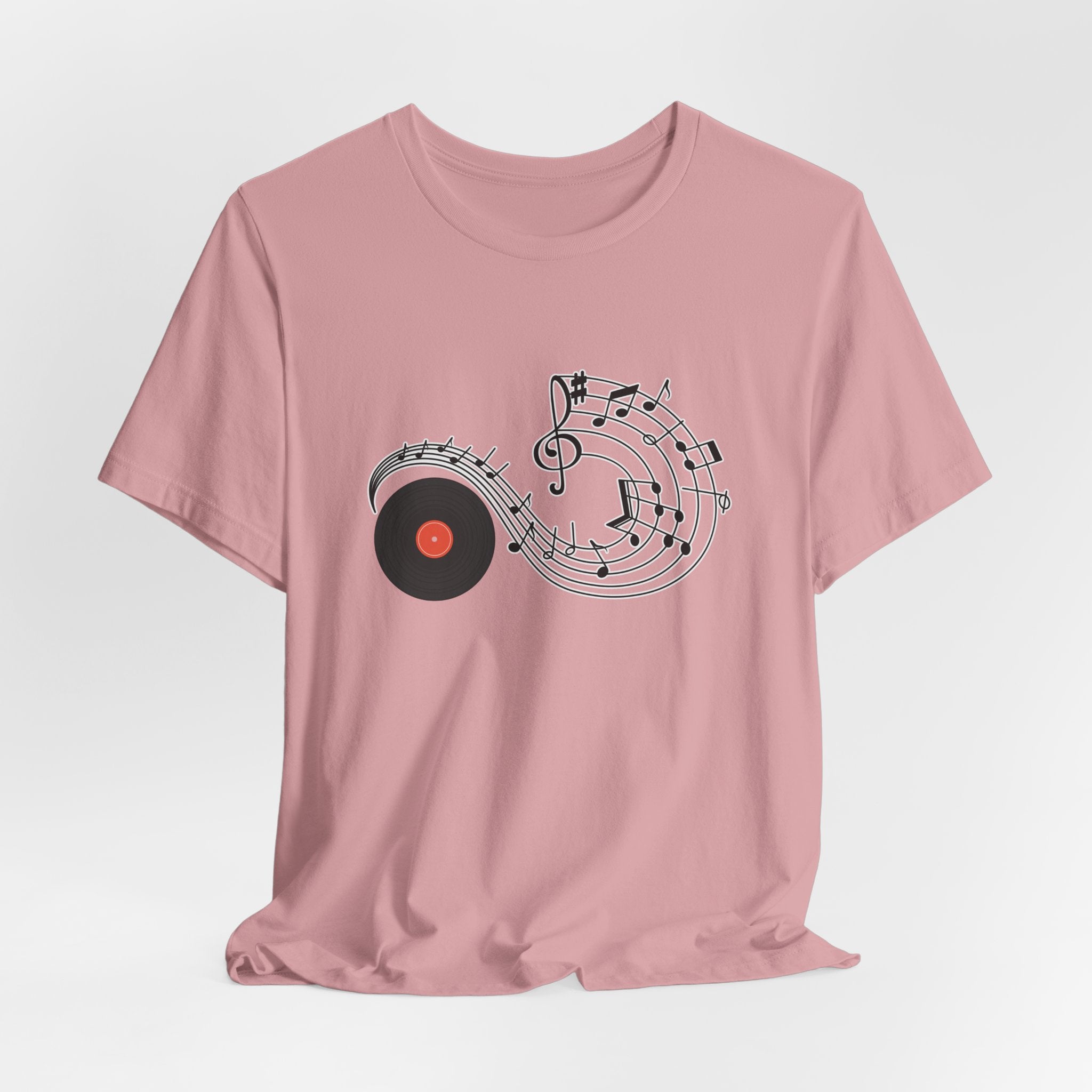 Orchid pink t-shirt with music-themed design on a light gray background