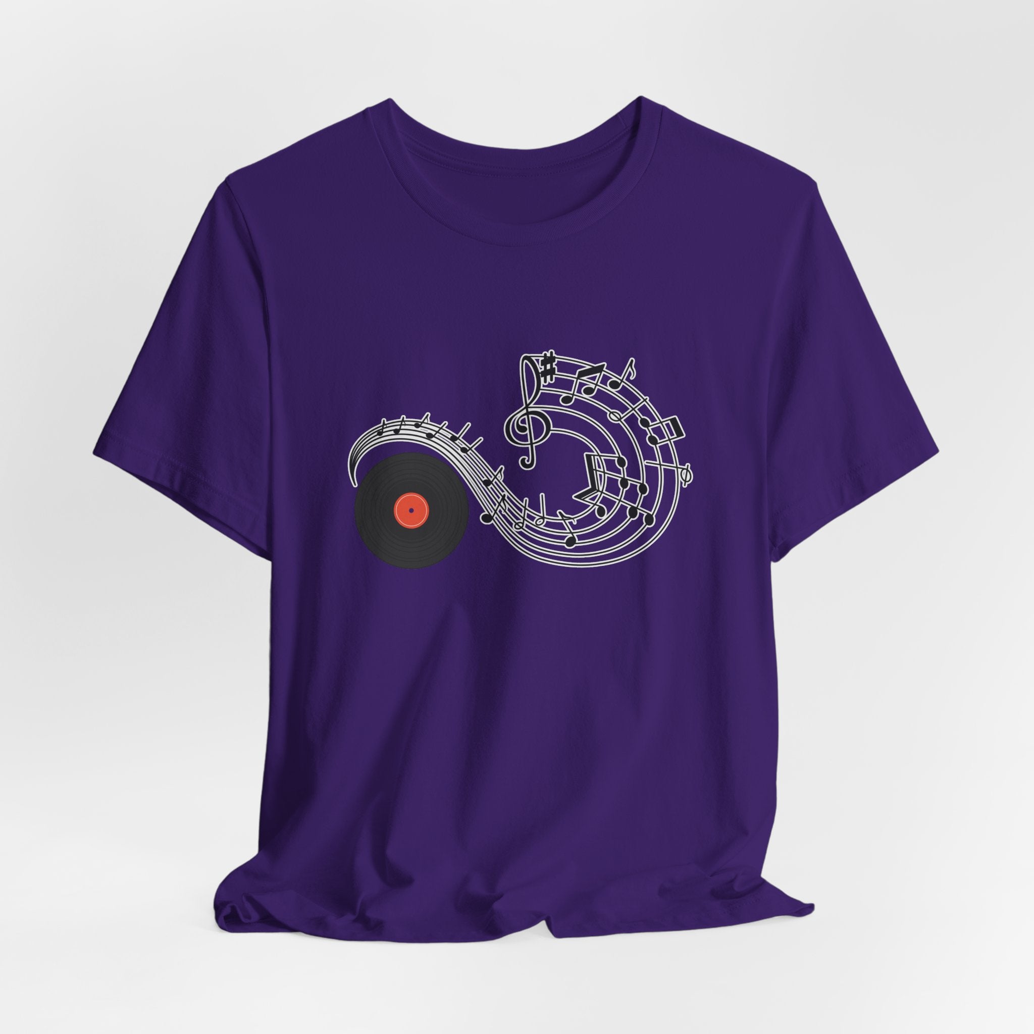 Purple t-shirt with a music-themed design on a white background