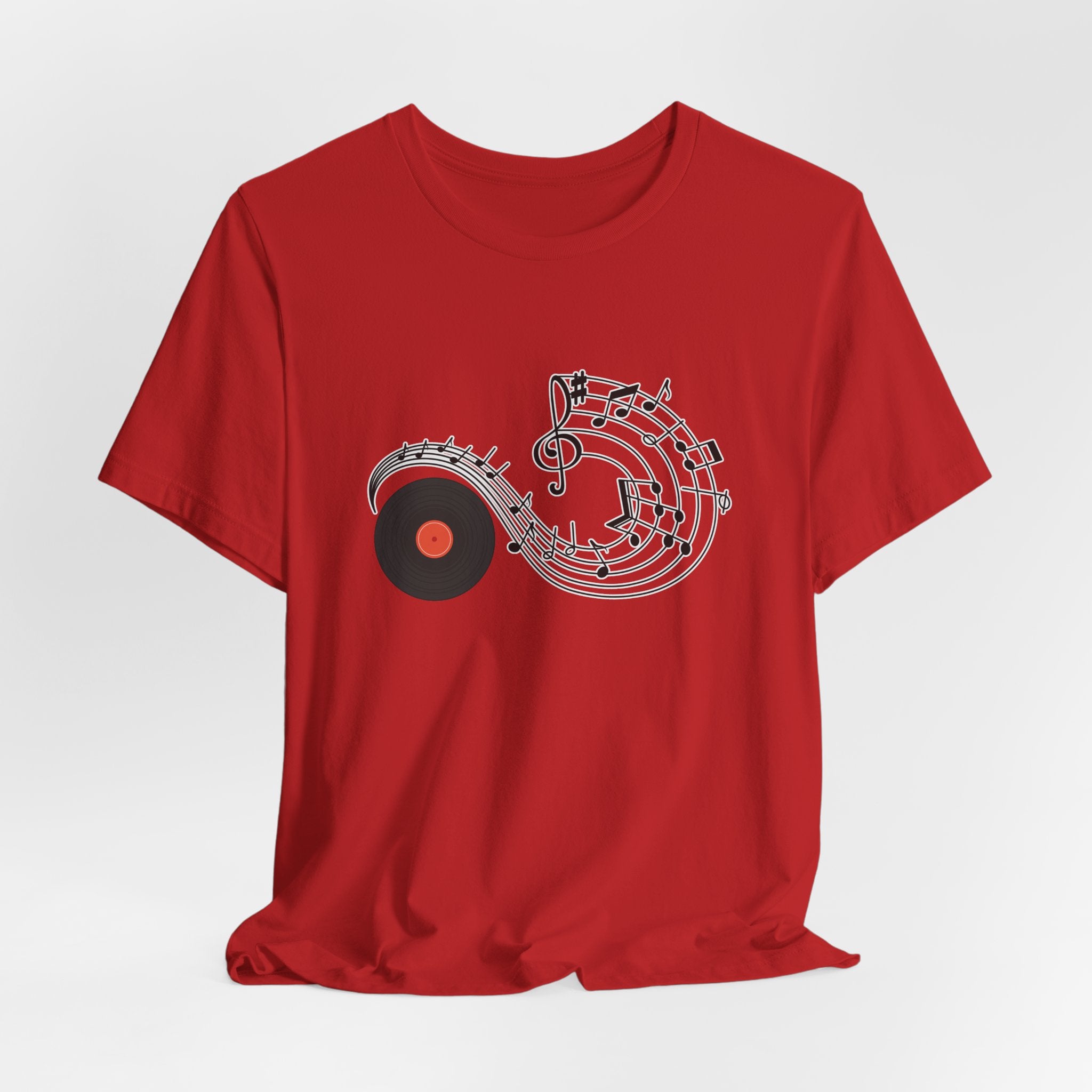 Red t-shirt with music-themed design on a white background