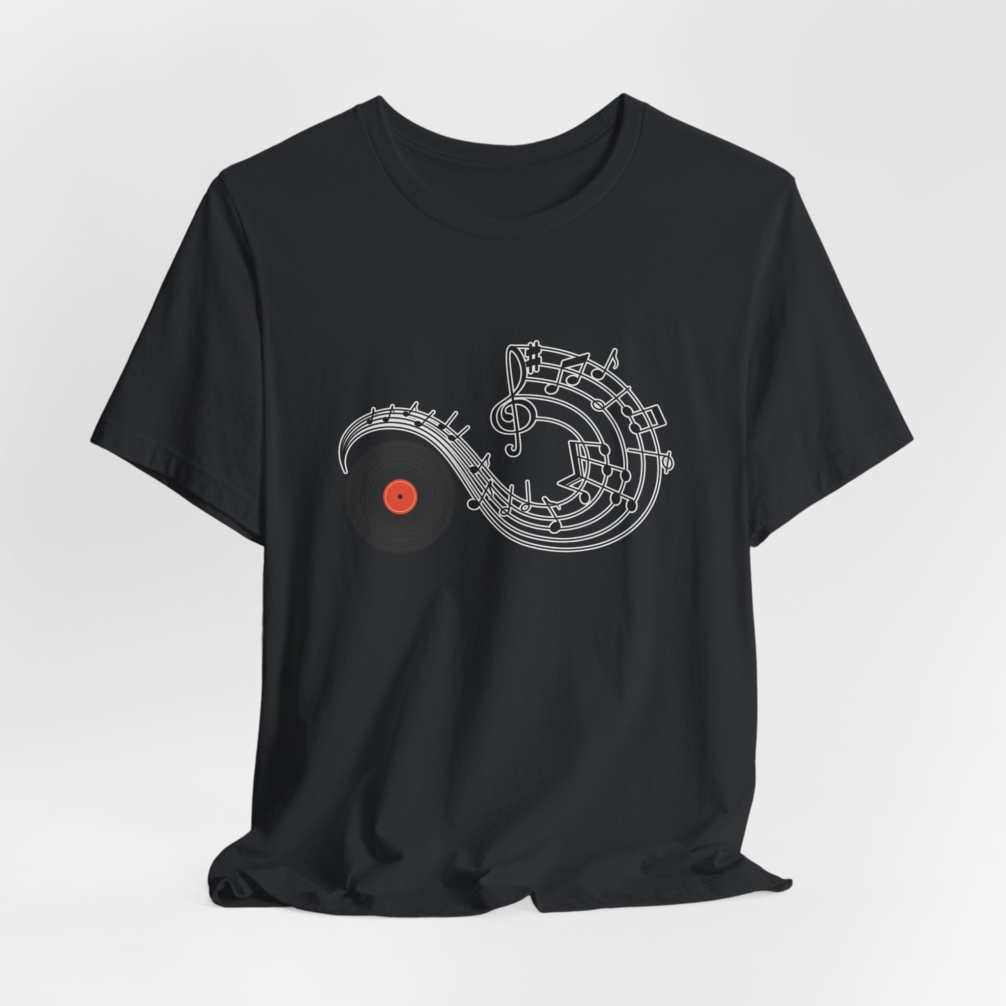 Black t-shirt with a unique design on a white background