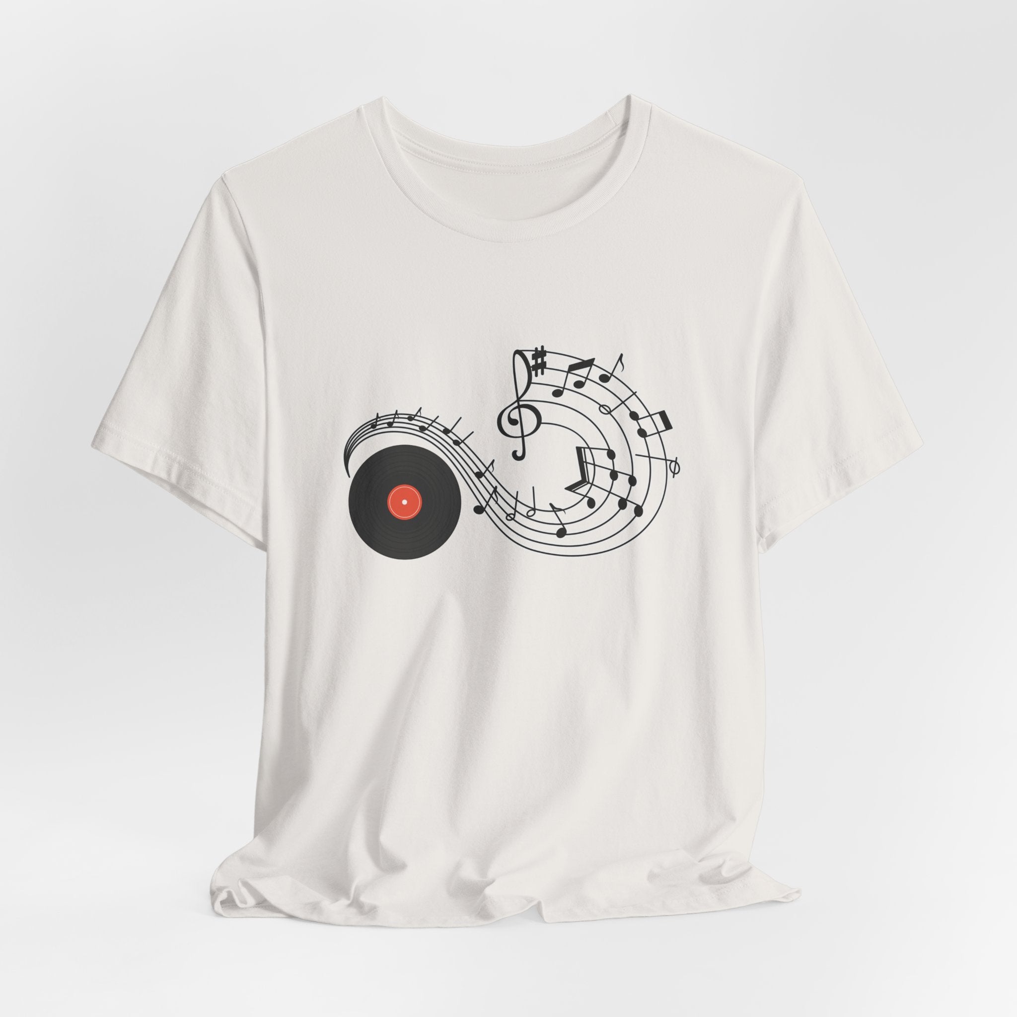 Vintage white t-shirt with a vinyl record and music notes design on a white background