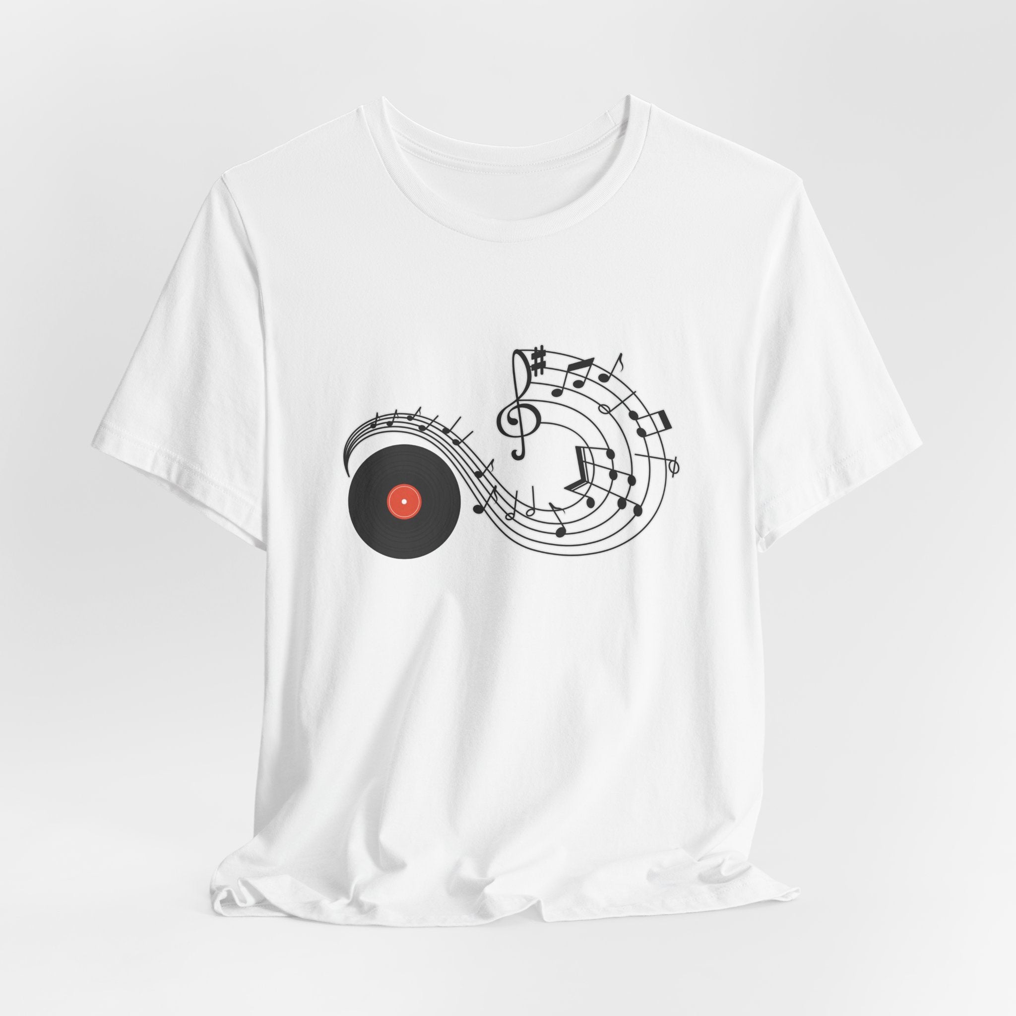 White t-shirt with a vinyl record and music notes design on a light gray background