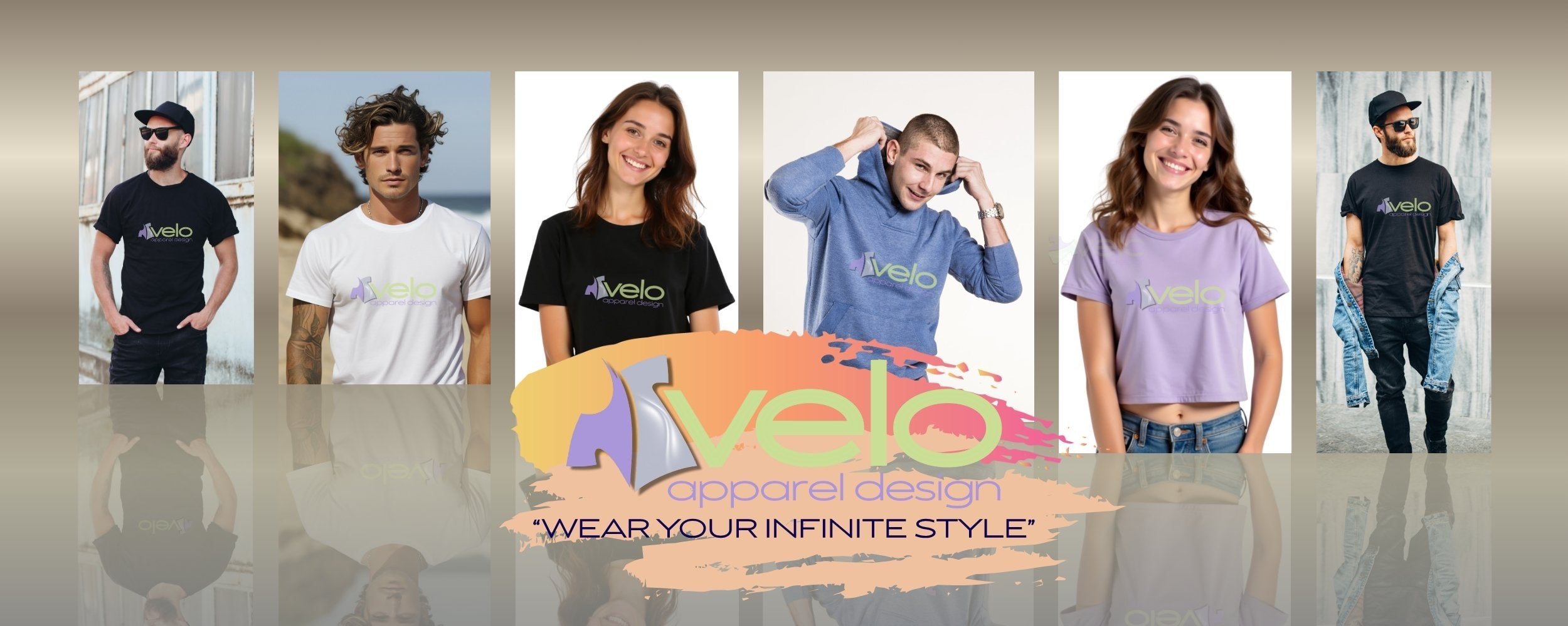 Promotional banner for Velo Apparel Design clothing with models wearing various outfits and the brand logo.