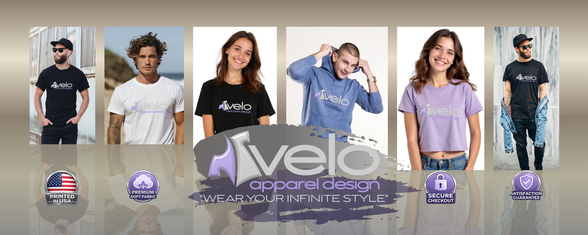 Velo Apparel Design Banner with men and women wearing Velo T-shirts.