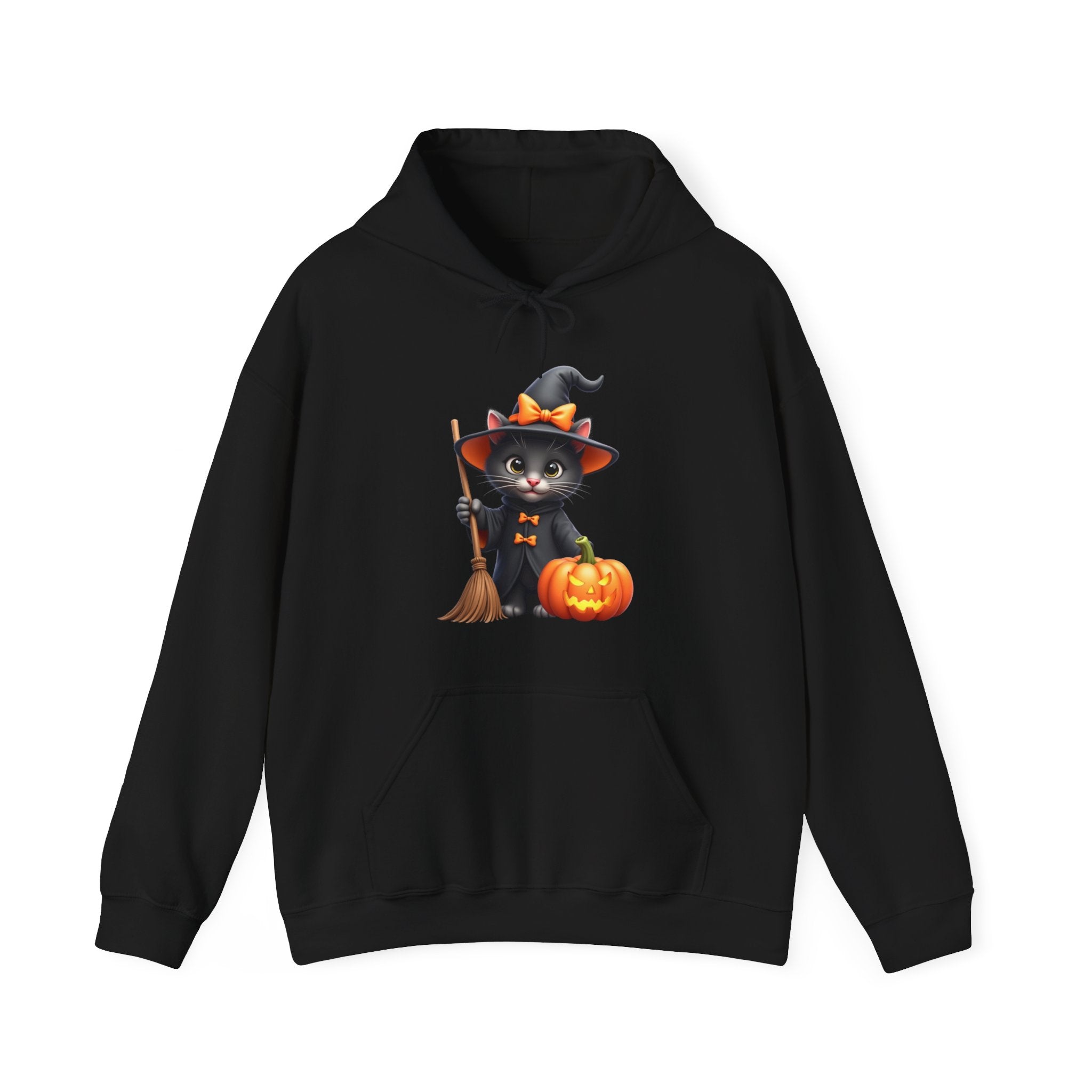 Black hoodie with a Halloween-themed design of a cat in a witch hat, broom, and pumpkin on a white background.