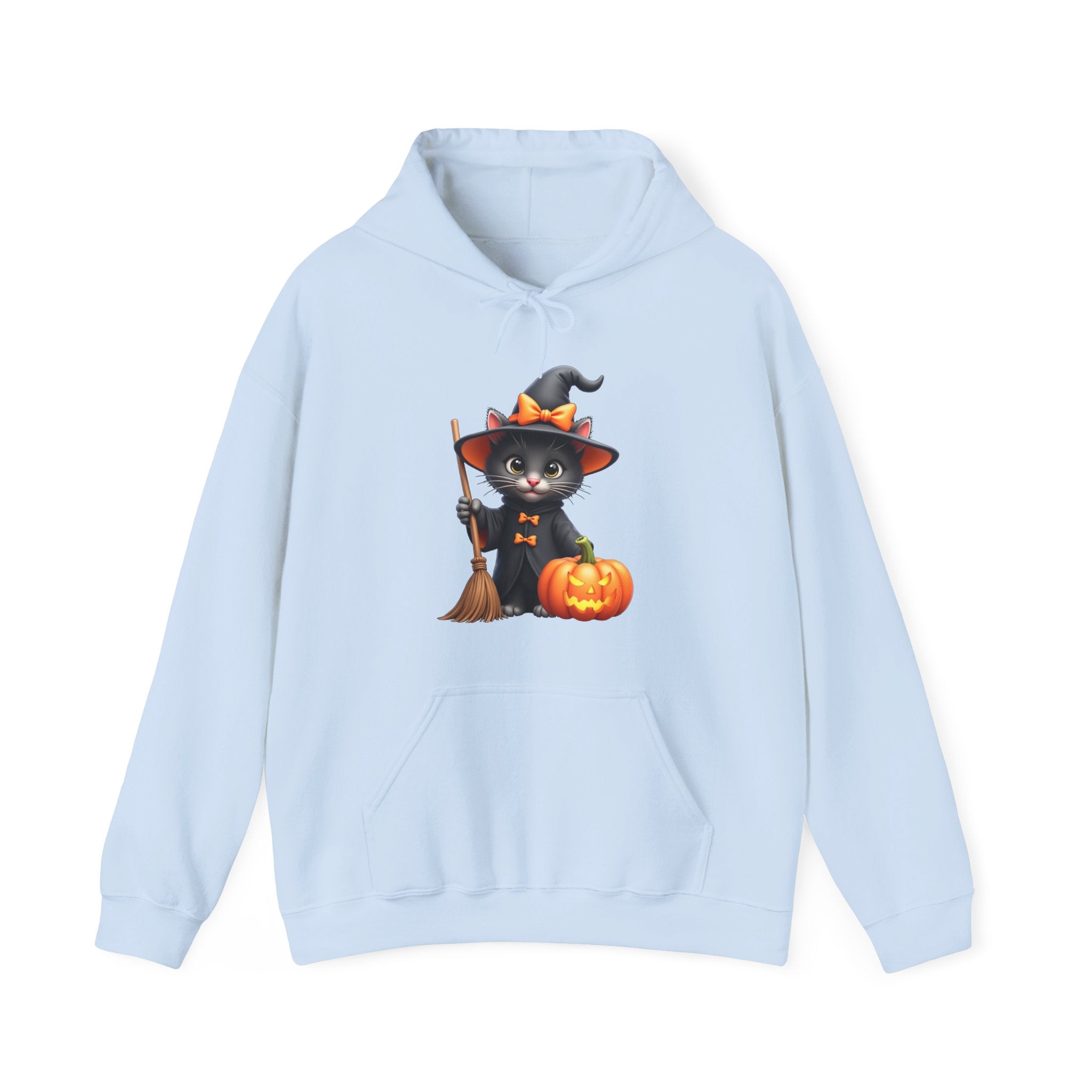 Light blue hoodie with a Halloween-themed design of a black cat in a witch hat, broom, and pumpkin on a white background.