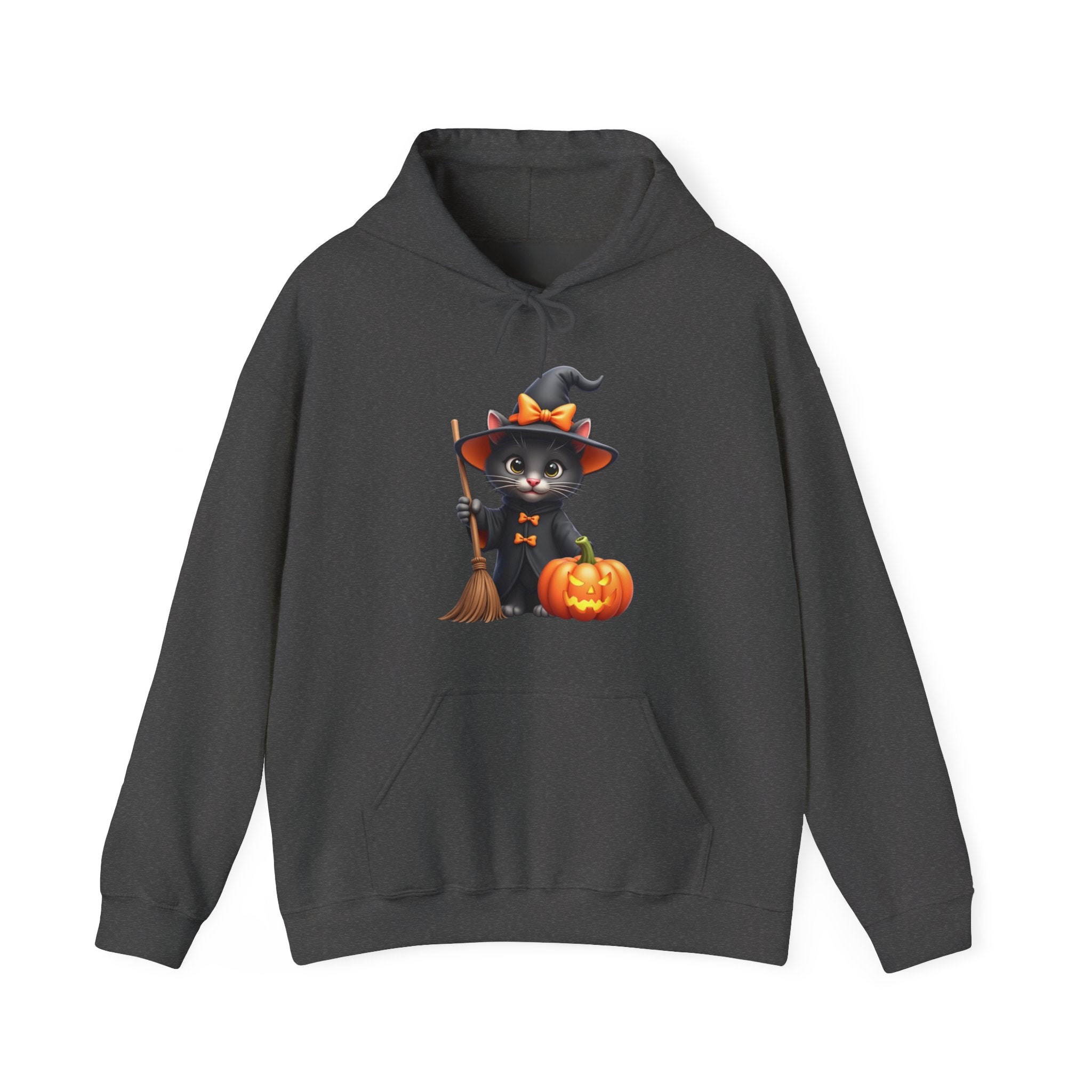 Dark gray hoodie with a Halloween-themed design of a cat in a witch costume, broom, and pumpkin on a white background.