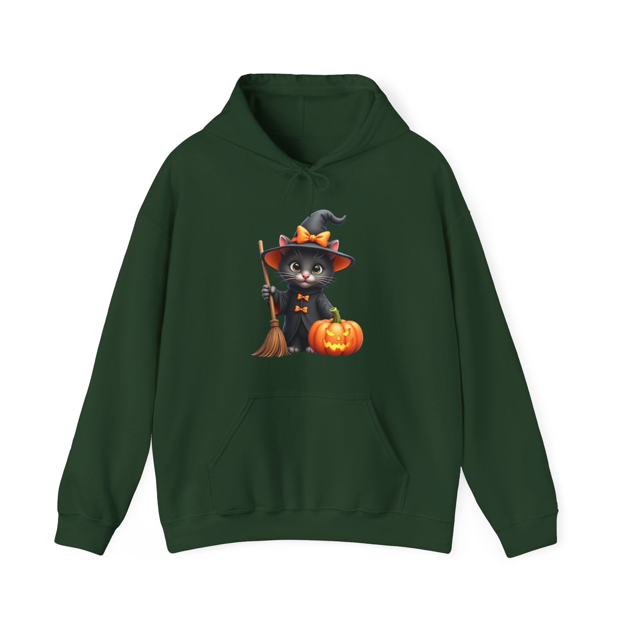 Forest green hoodie with a Halloween design of a black cat, broom, and pumpkin on a white background