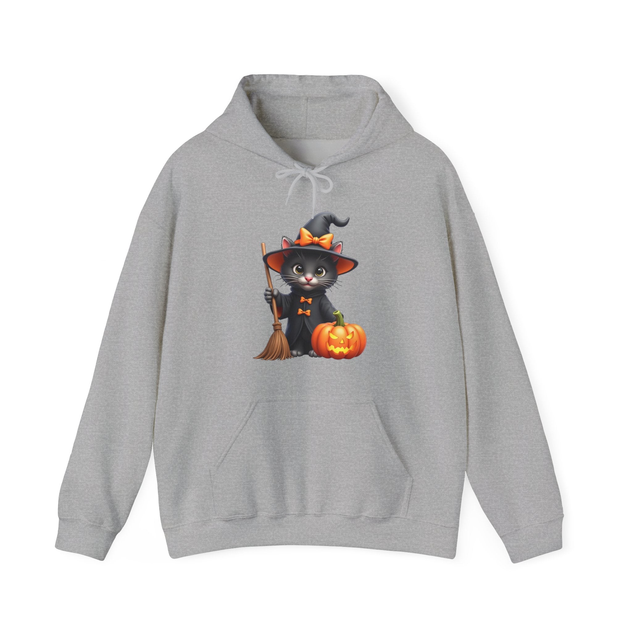 Gray hoodie with a Halloween-themed design of a black cat in a witch hat, broom, and pumpkin on a white background.