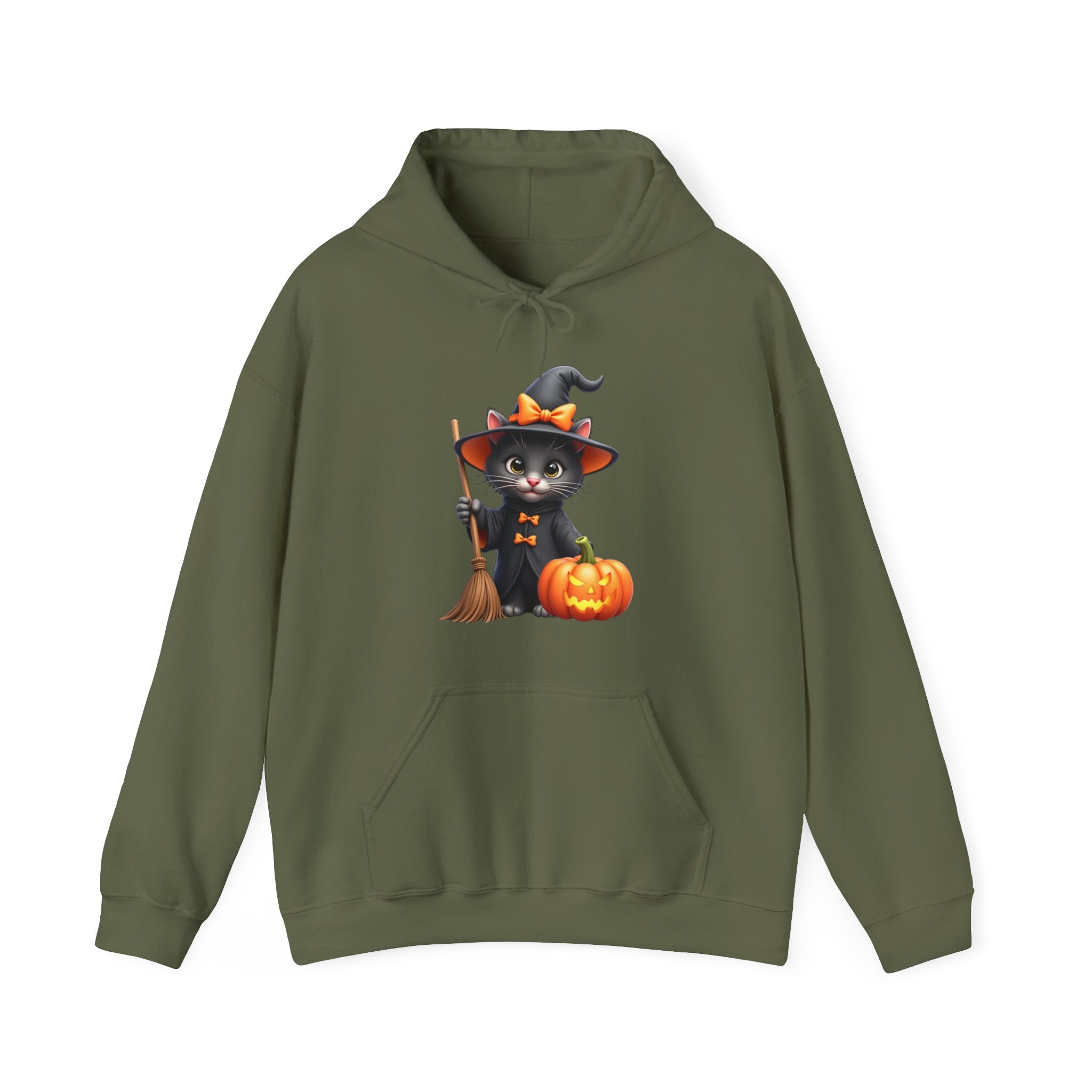 Military green hoodie with a Halloween-themed design of a cat in a witch hat and pumpkin on a white background