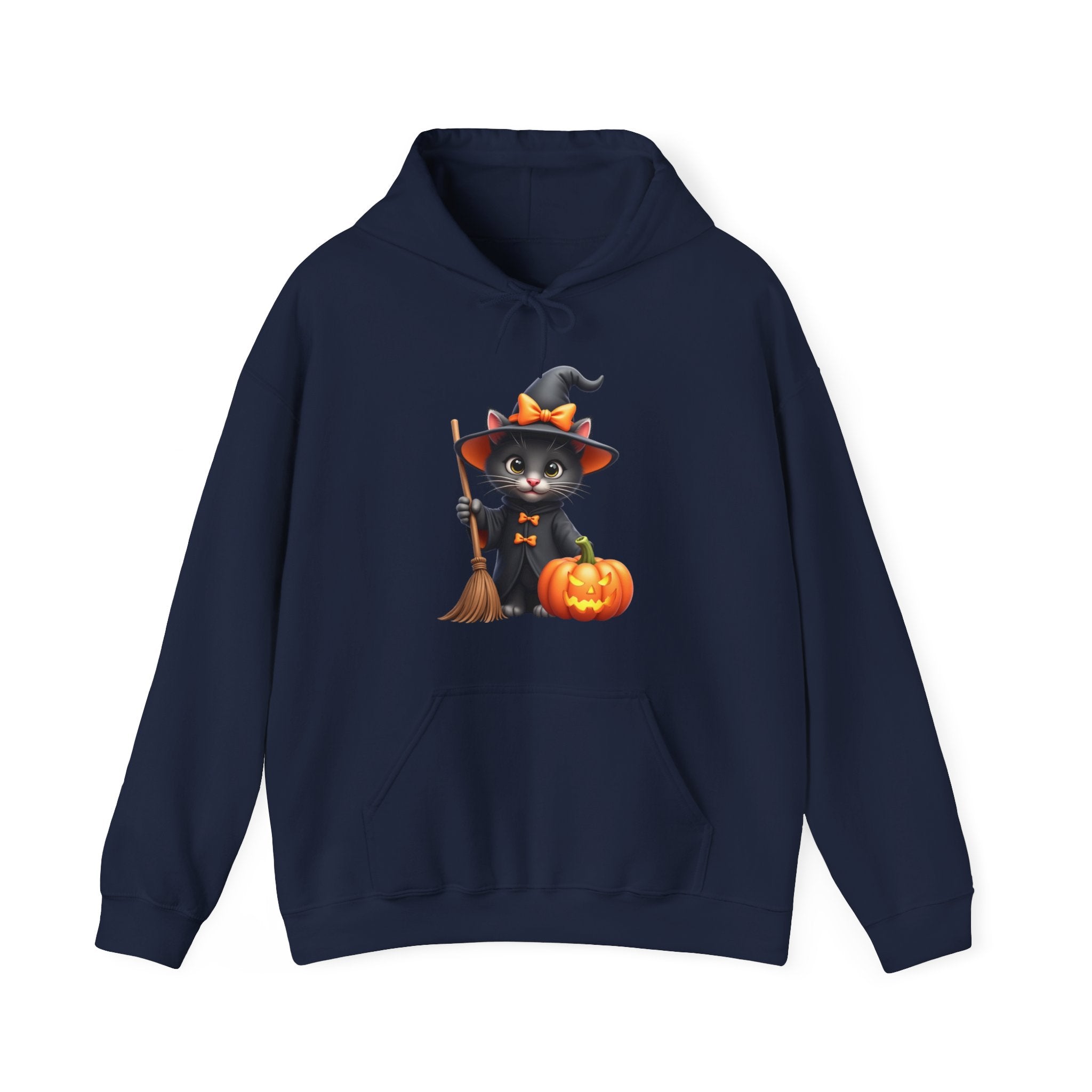Navy blue hoodie with a Halloween-themed design of a cat in a witch costume, broom, and pumpkin on a white background.