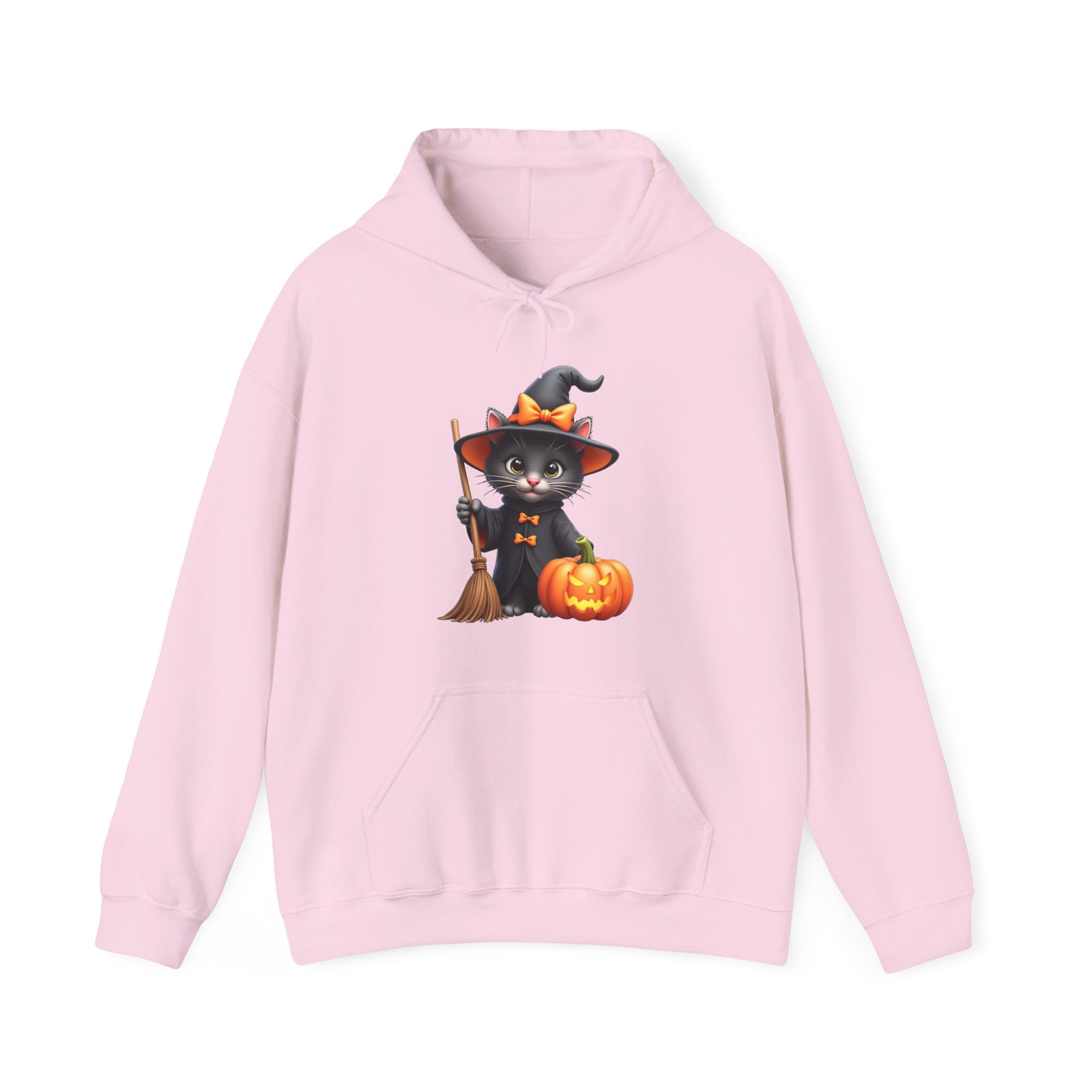 Pink hoodie with a Halloween-themed design of a black cat in a witch hat and pumpkin on a white background.