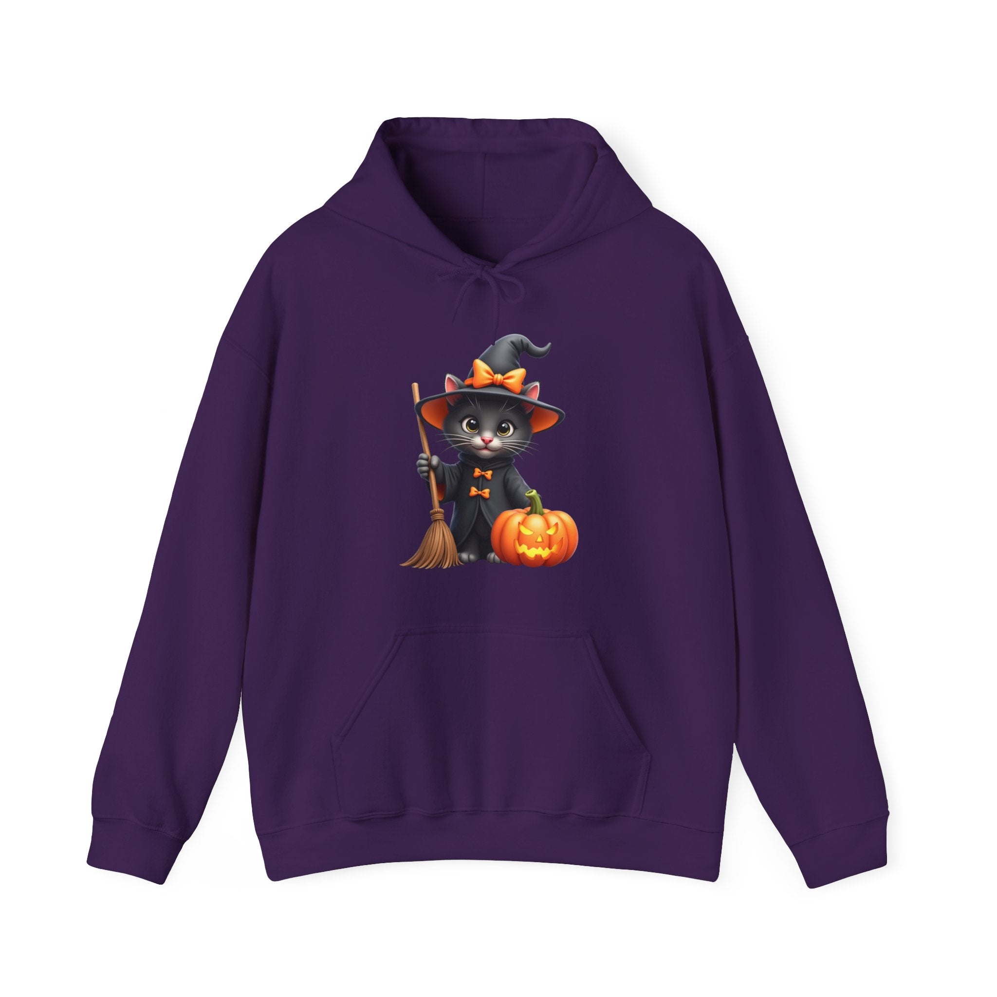 Purple hoodie with a Halloween-themed design of a black cat in a witch costume, broom, and pumpkin on a white background.