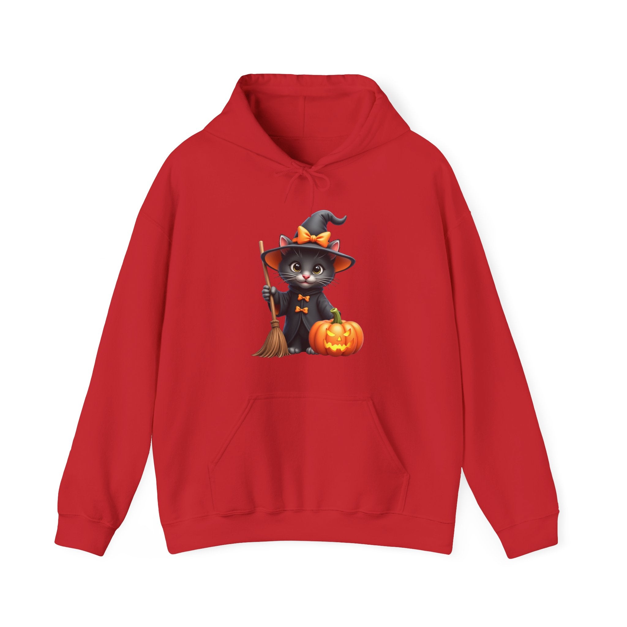 Red hoodie with a Halloween-themed design of a black cat in a witch costume, broom, and pumpkin on a white background.