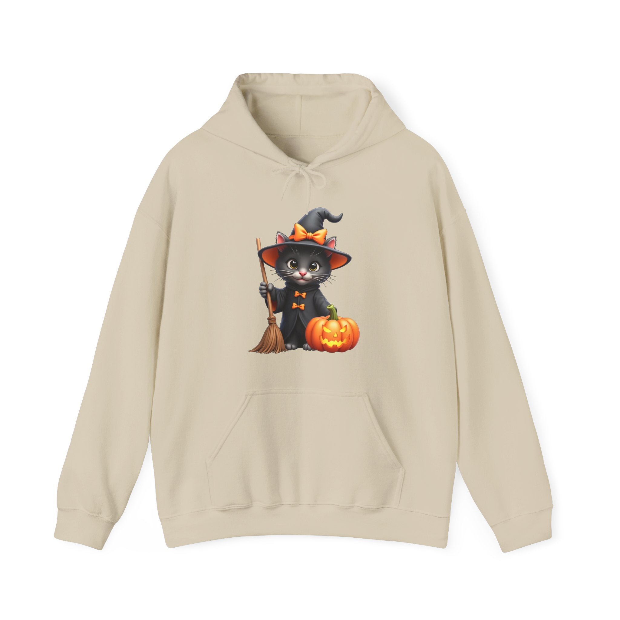 Beige hoodie with a Halloween-themed design of a black cat in a witch hat, broom, and pumpkin on a white background.