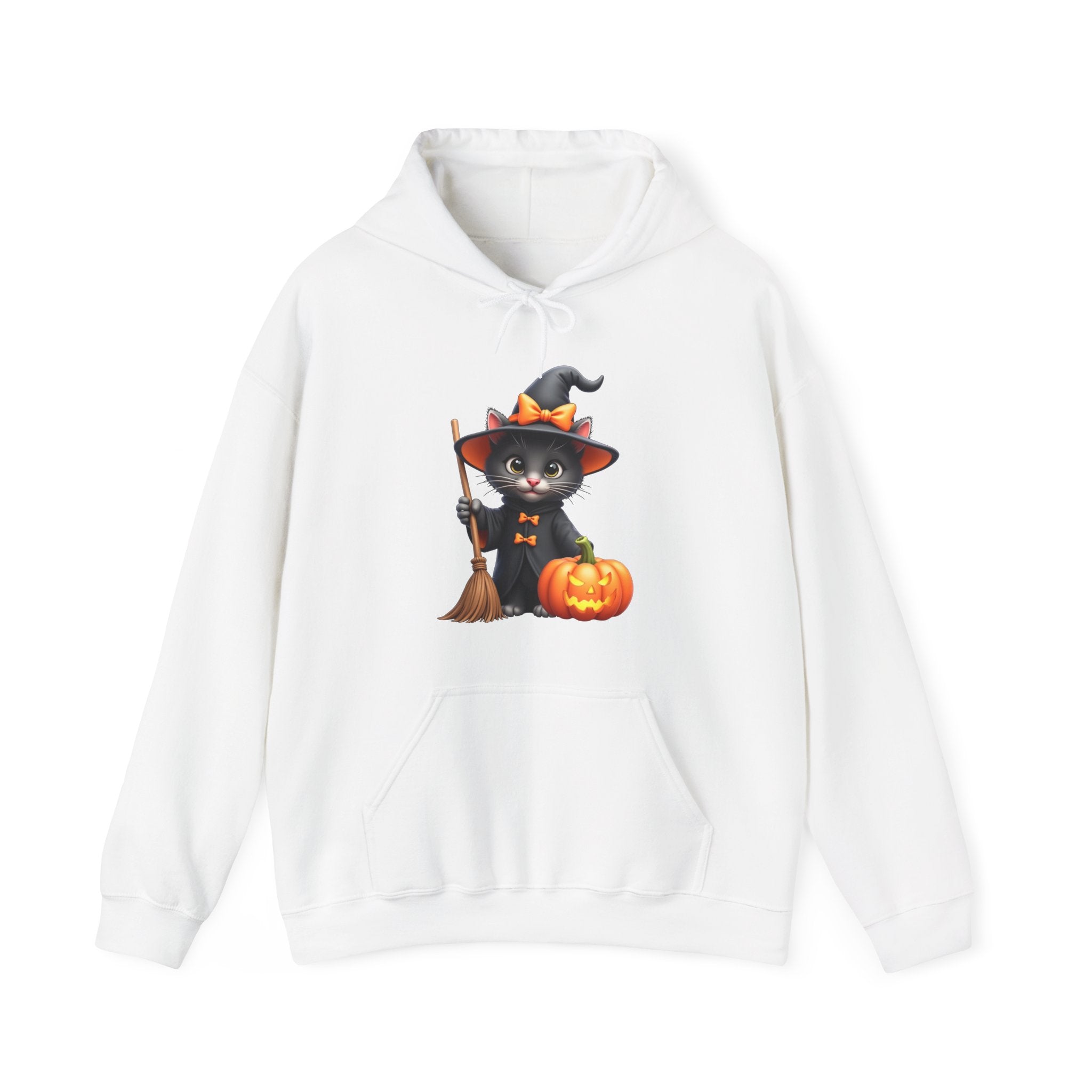 White hoodie with a Halloween-themed design of a black cat, broom, and pumpkin on a white background.