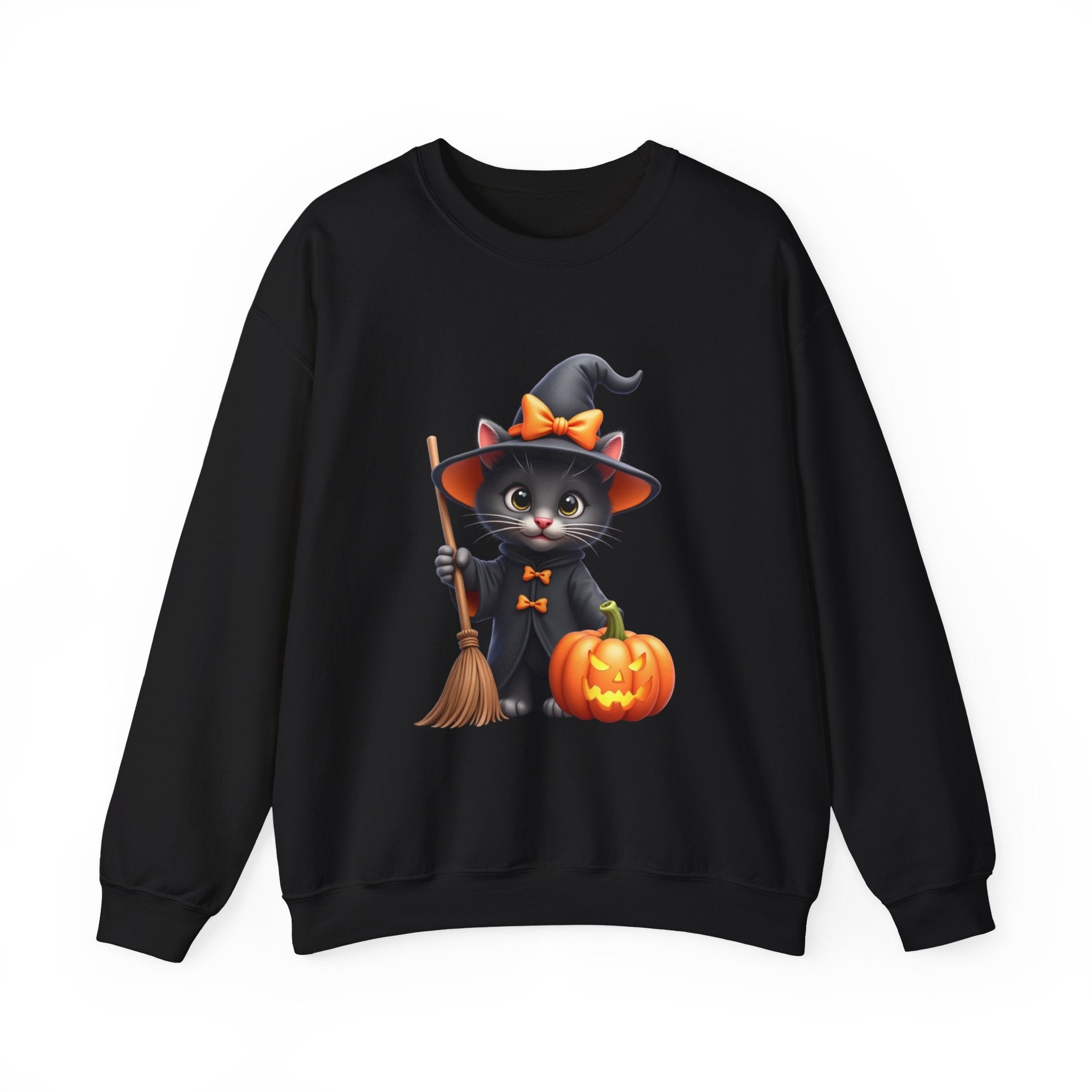 Black sweatshirt with a Halloween-themed design of a cat in a witch costume holding a broom and pumpkin.