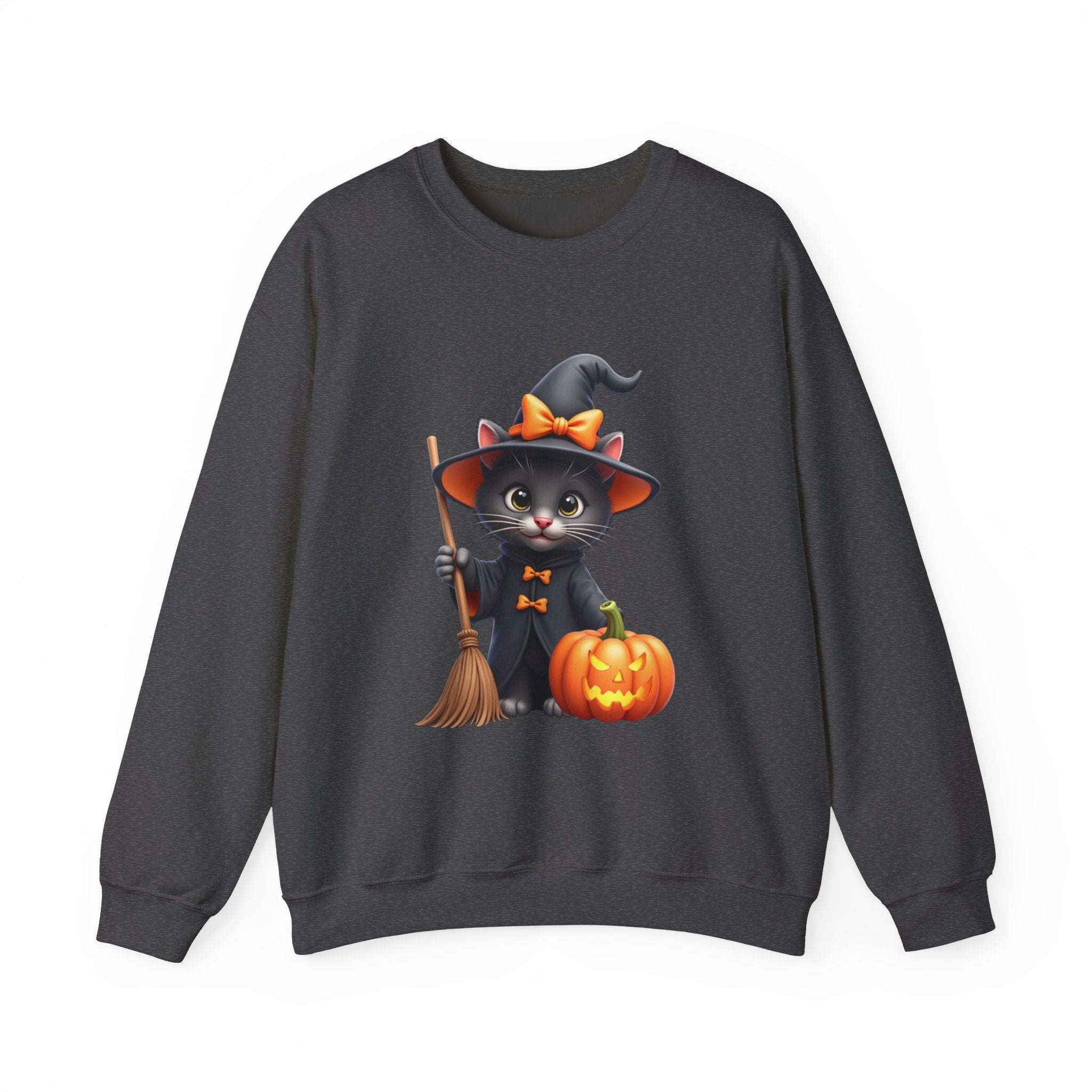Dark heather sweatshirt with a Halloween-themed design of a cat in a witch costume holding a broom and pumpkin.