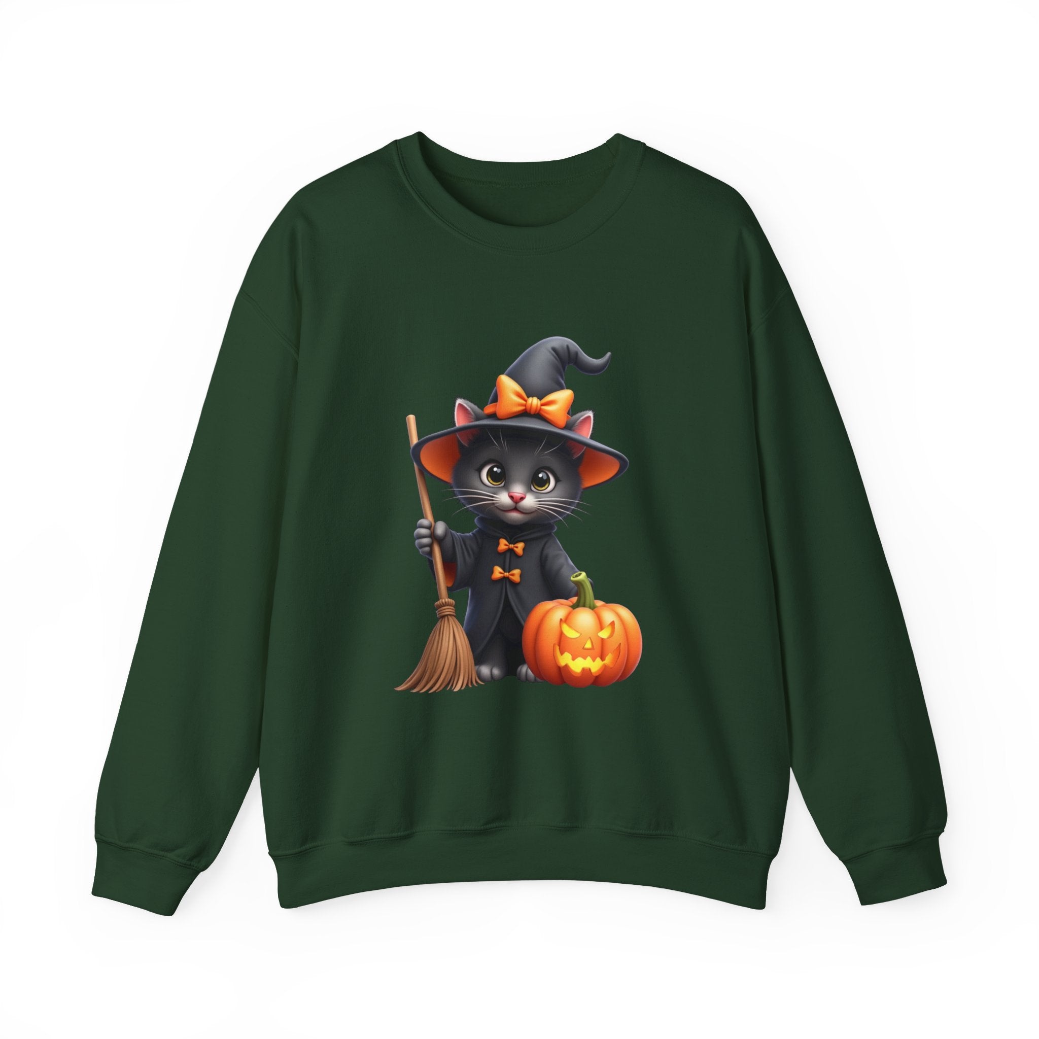 Forest green sweatshirt with a Halloween-themed design of a cat in a witch costume holding a pumpkin and broomstick.