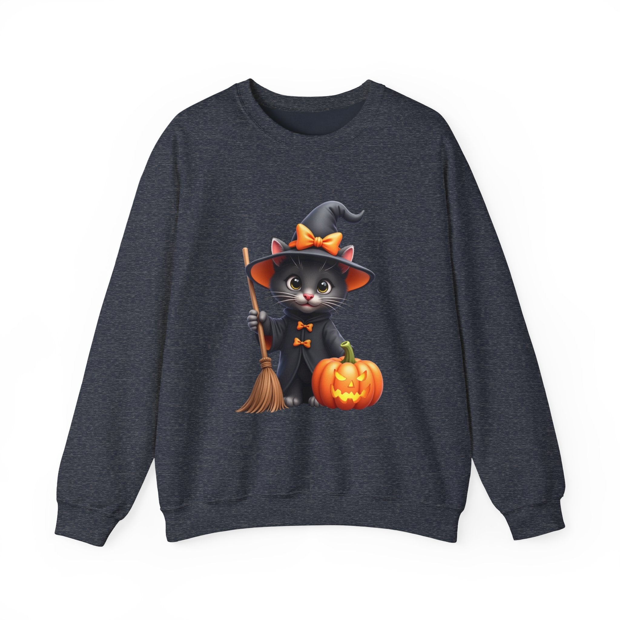 Heather sport dark navy sweatshirt with a Halloween-themed design of a cat in a witch costume holding a broom and pumpkin.