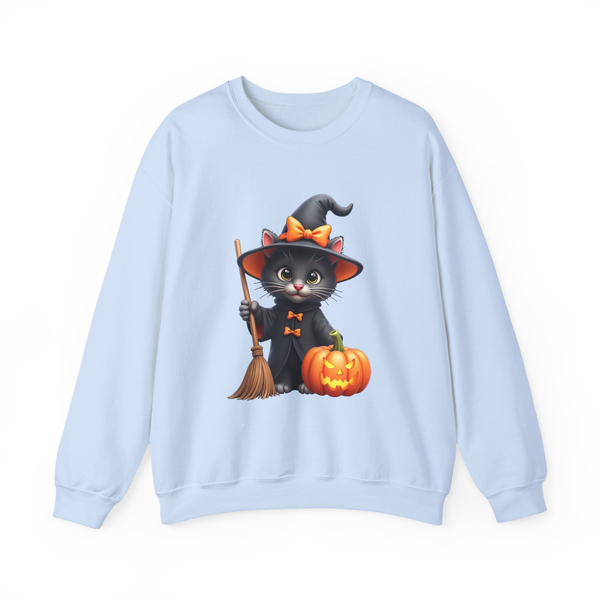 Light blue sweatshirt with a Halloween-themed design of a cat in a witch costume, broom, and pumpkin on a white background.